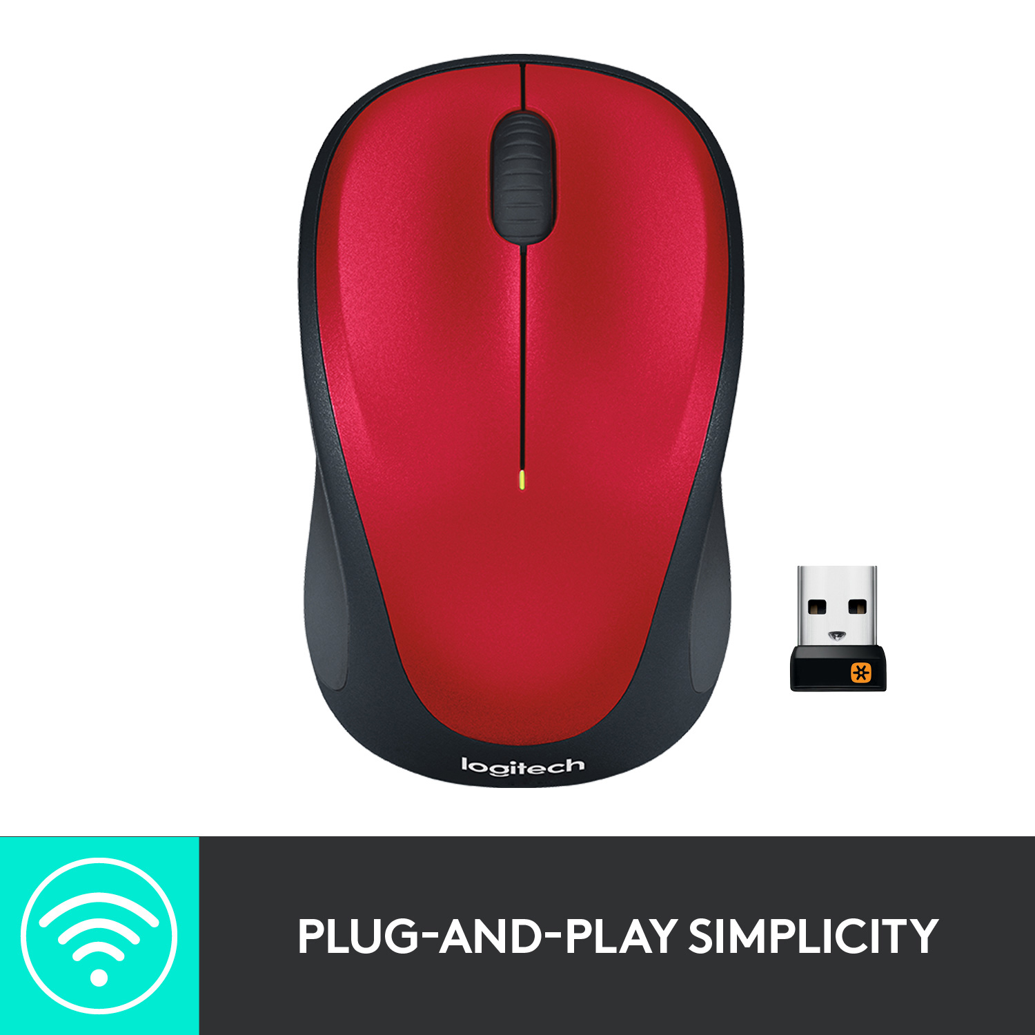 Mouse Logitech rosso e nero con ricevitore USB. Testo: Semplicità Plug-and-Play.