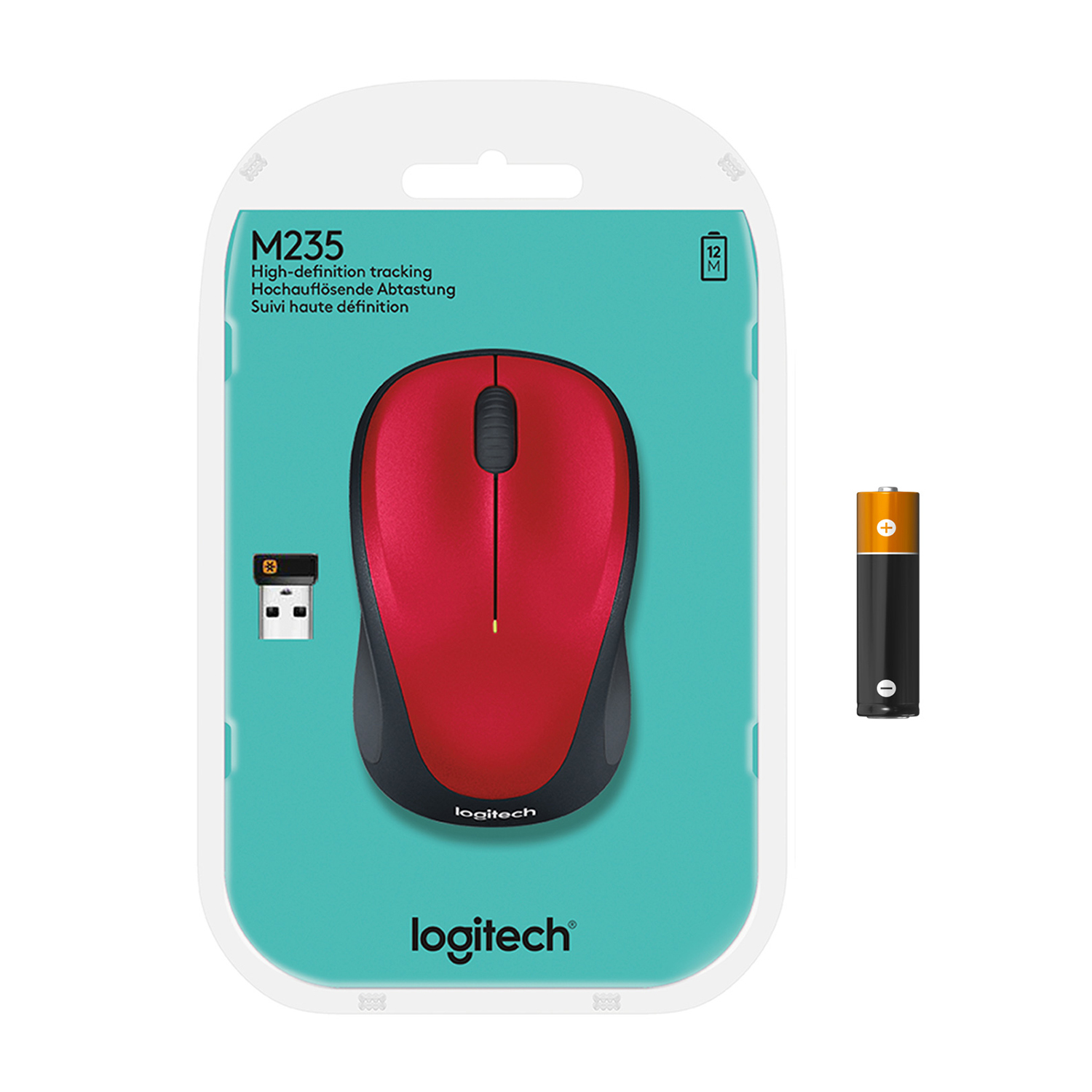 Un mouse per computer rosso e nero nella confezione, con una batteria a destra. Sfondo bianco.