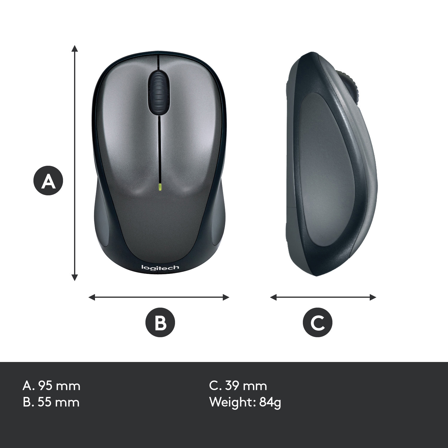 Due viste di un mouse wireless Logitech grigio e nero. Sono indicate le dimensioni.