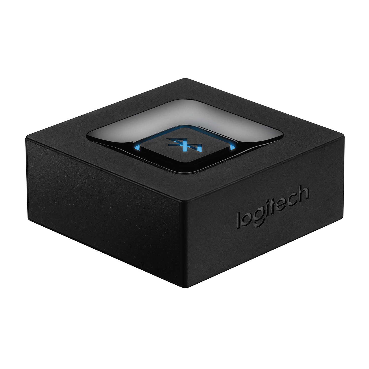 Ricevitore Bluetooth Logitech quadrato nero con pulsante blu luminoso.