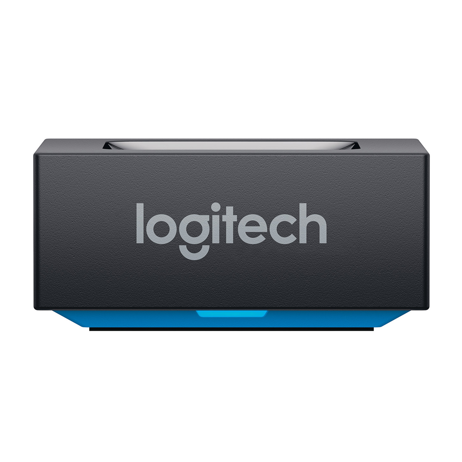 Dispositivo Logitech rettangolare nero con logo Logitech. Accento blu sul fondo.