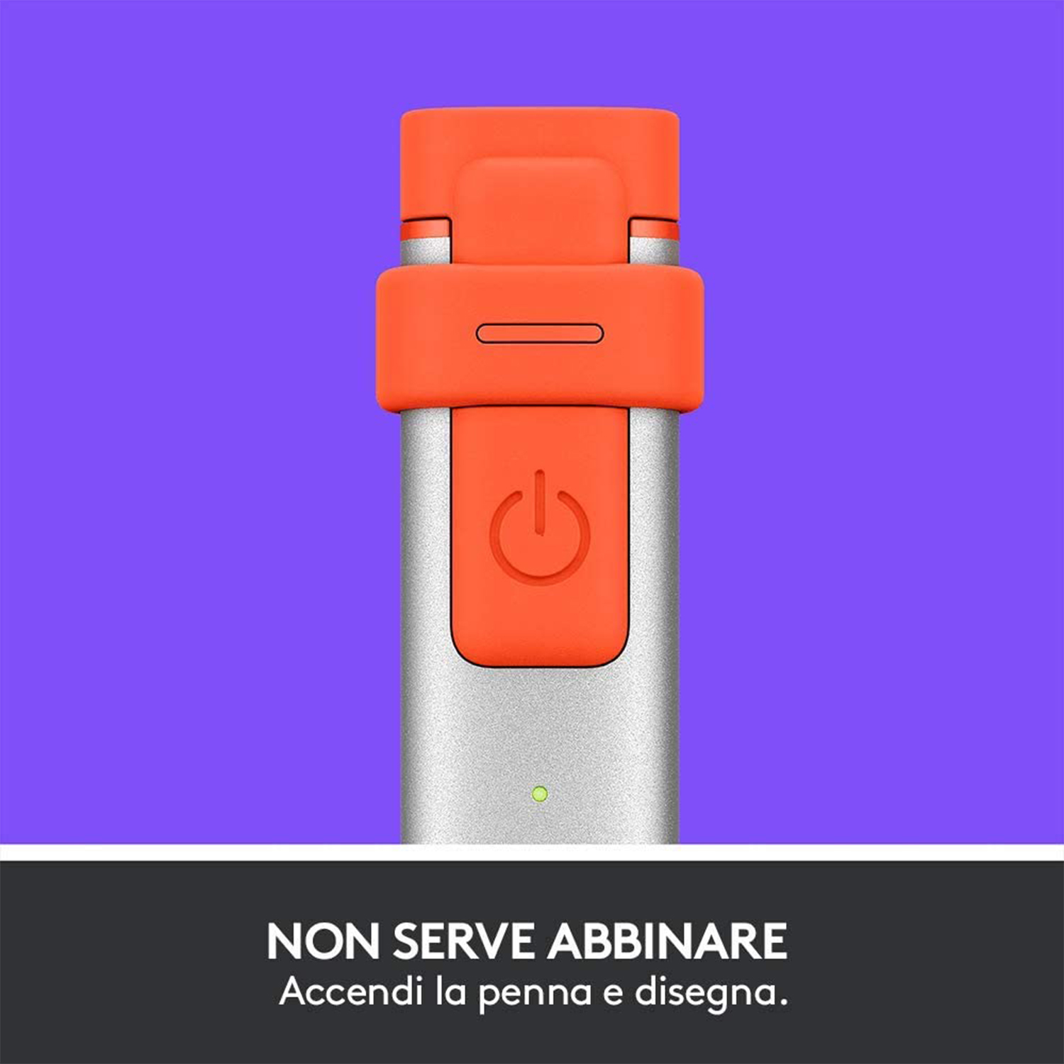 Una penna stilo argentata con un pulsante arancione su sfondo viola.