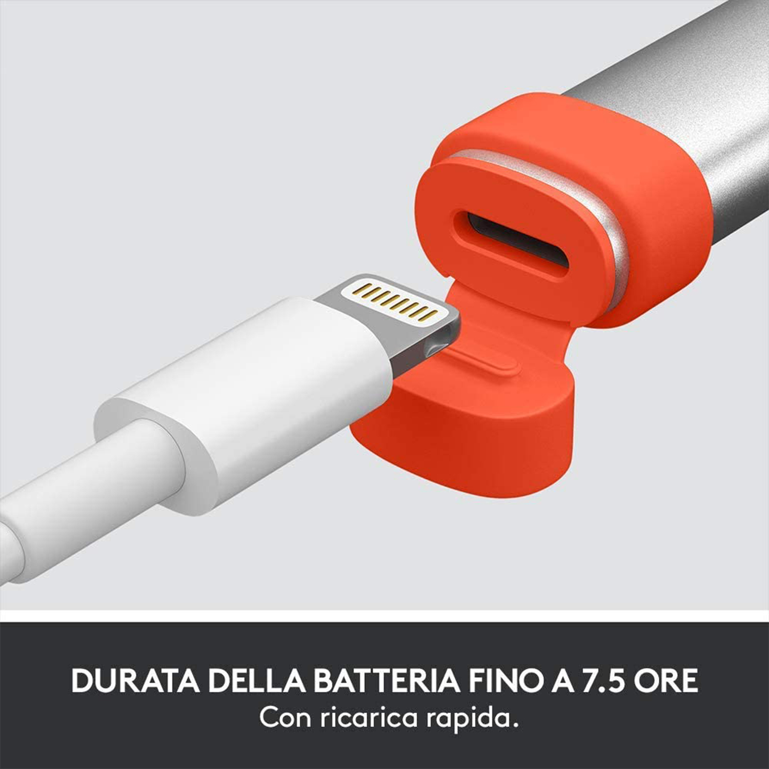 Cavo Lightning con connettore arancione collegato a un dispositivo.