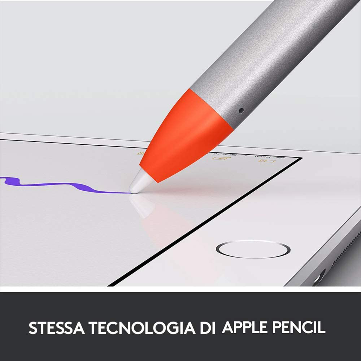 Matita con punta arancione su schermo tablet. Testo: Stessa tecnologia di Apple Pencil.