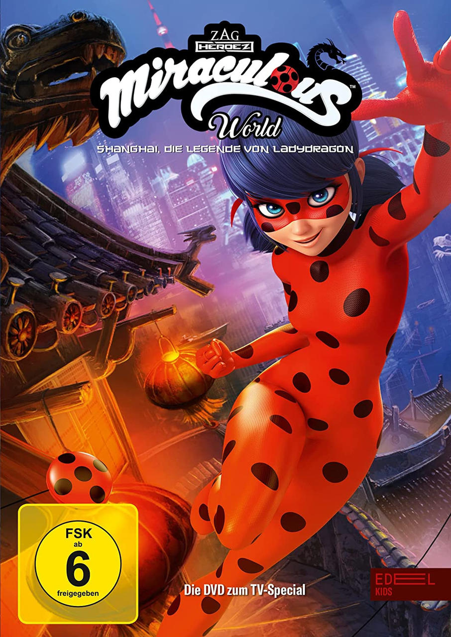 DVD-Cover für Miraculous World: Shanghai. Zeigt Ladybug in einem roten Anzug mit schwarzen Punkten.