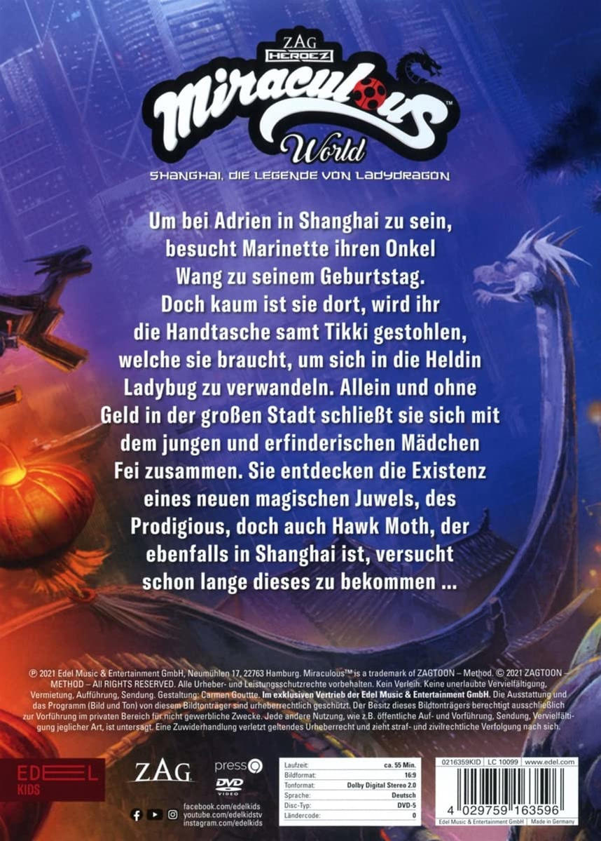 Miraculous World-Poster auf Deutsch mit Drachenillustration. Text auf Deutsch und das Miraculous-Logo.