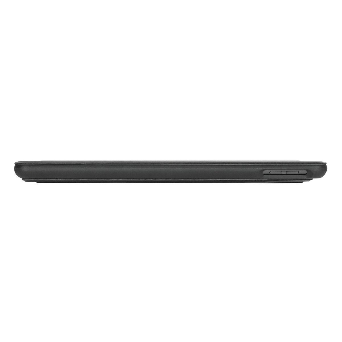 Siyah bir elektronik cihazın yan görünümü, muhtemelen bir tablet veya e-okuyucu. Sade tasarım.