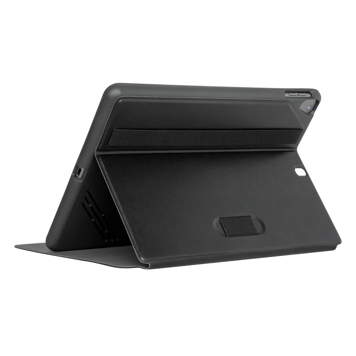 Kılıf içinde siyah tablet. Arka görünüm bir menteşe ve bir kayış gösterir.