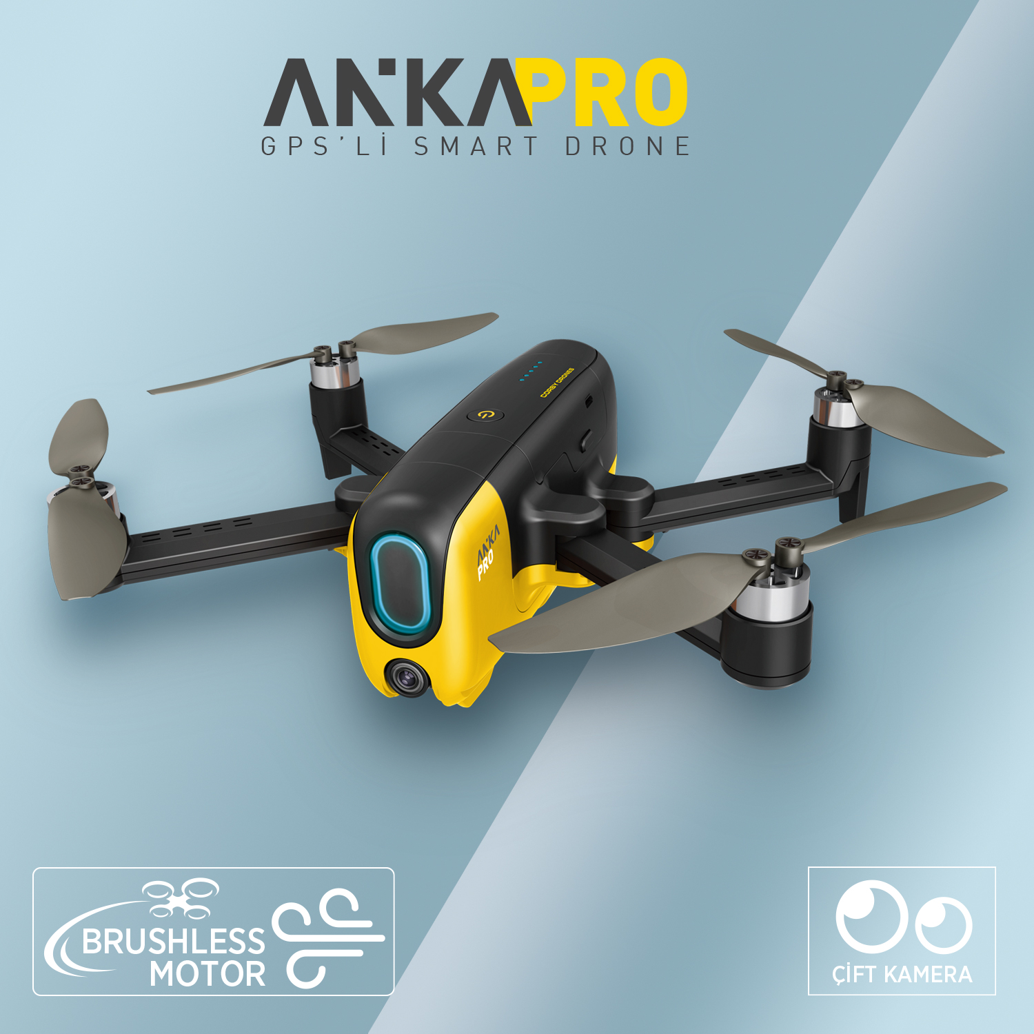 Pervaneli sarı ve siyah drone, yüzey üzerinde, metin ve sembollerle.