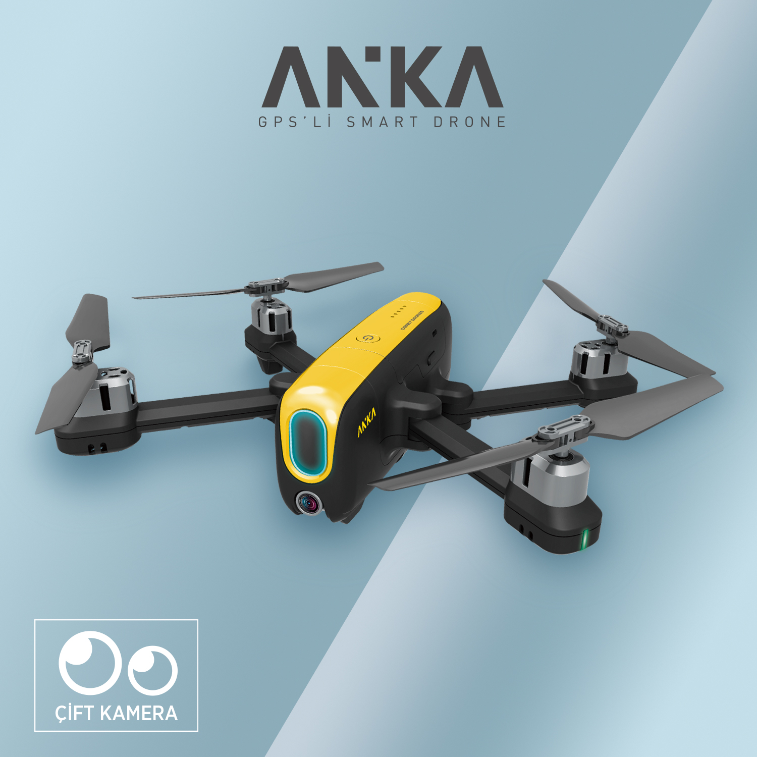 Dört pervaneli, kamerası ve mavi gökyüzü arka planı olan siyah ve sarı bir drone.