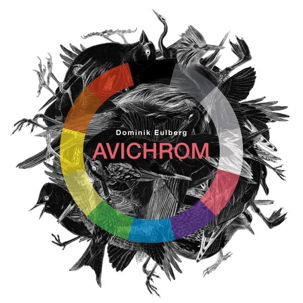 Kreisförmige Grafik mit Vögeln um ein Farbspektrum. Text: 'Avichrom' von Dominik Eulberg. Schwarz-Weiß-Illustration.