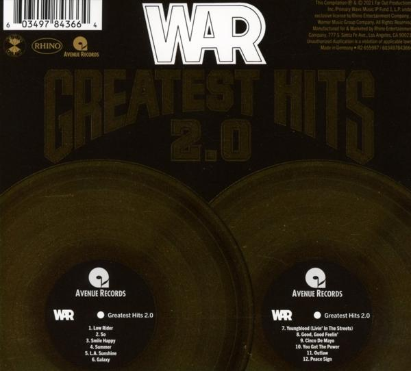 CD-Hülle des Albums Greatest Hits 2.0 von WAR mit Titelliste und Albumcover.