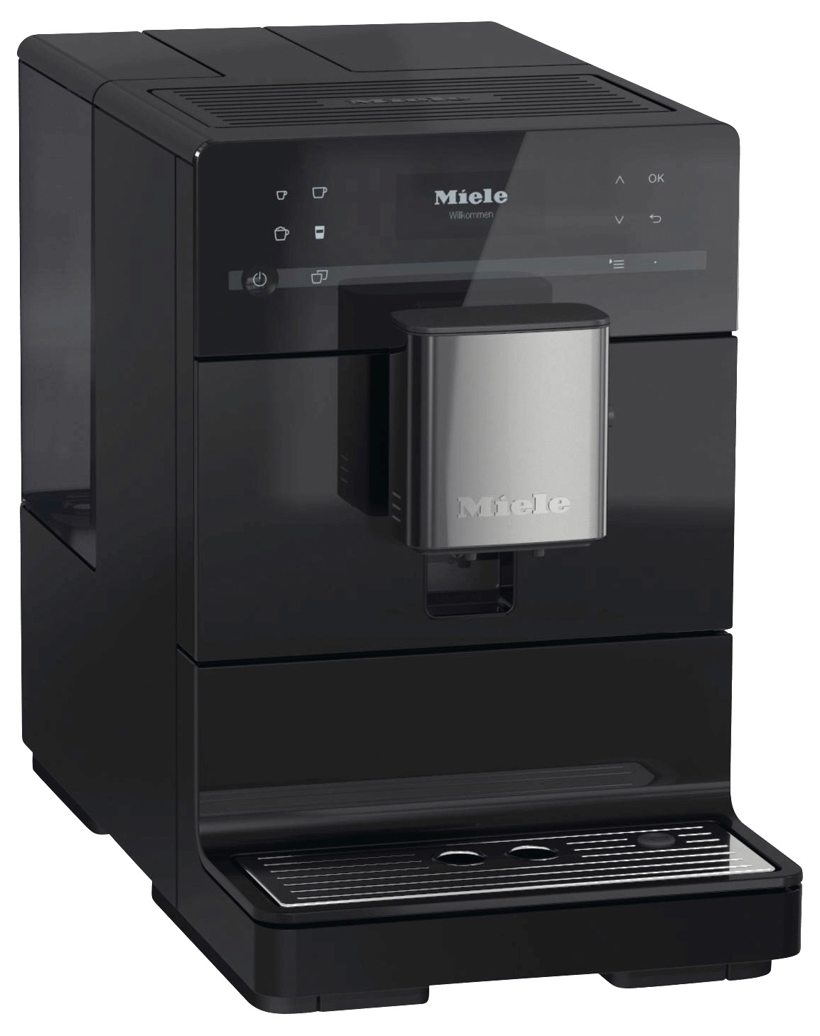 Schwarze Miele Kaffeemaschine mit Touchscreen und silbernem Auslauf, Vorderansicht.