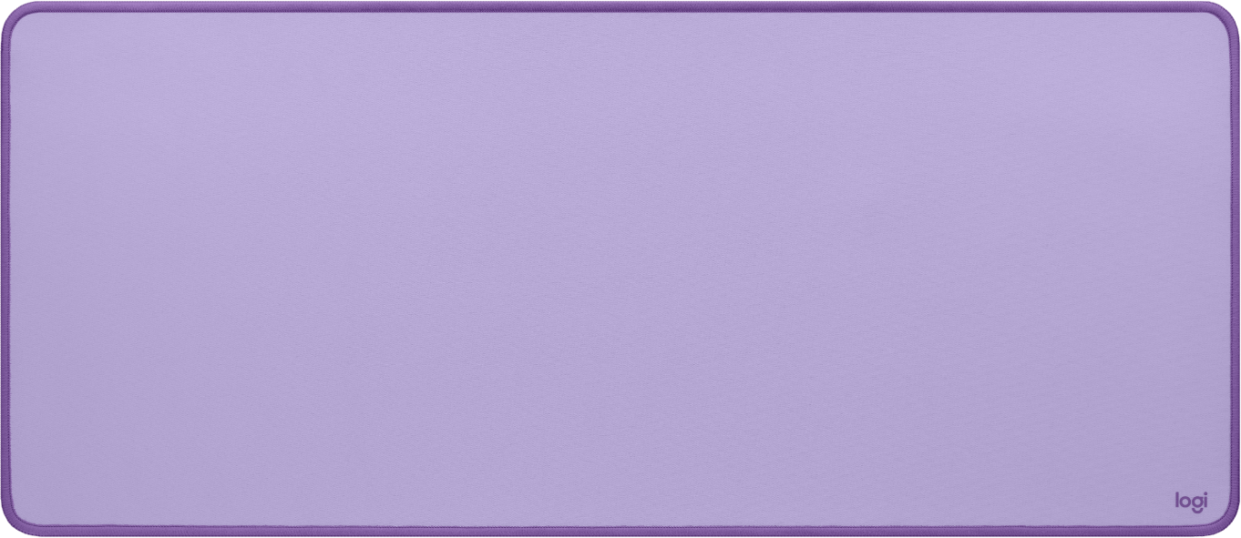 Tapis de souris rectangulaire de couleur lavande avec bord violet et logo Logi en bas.