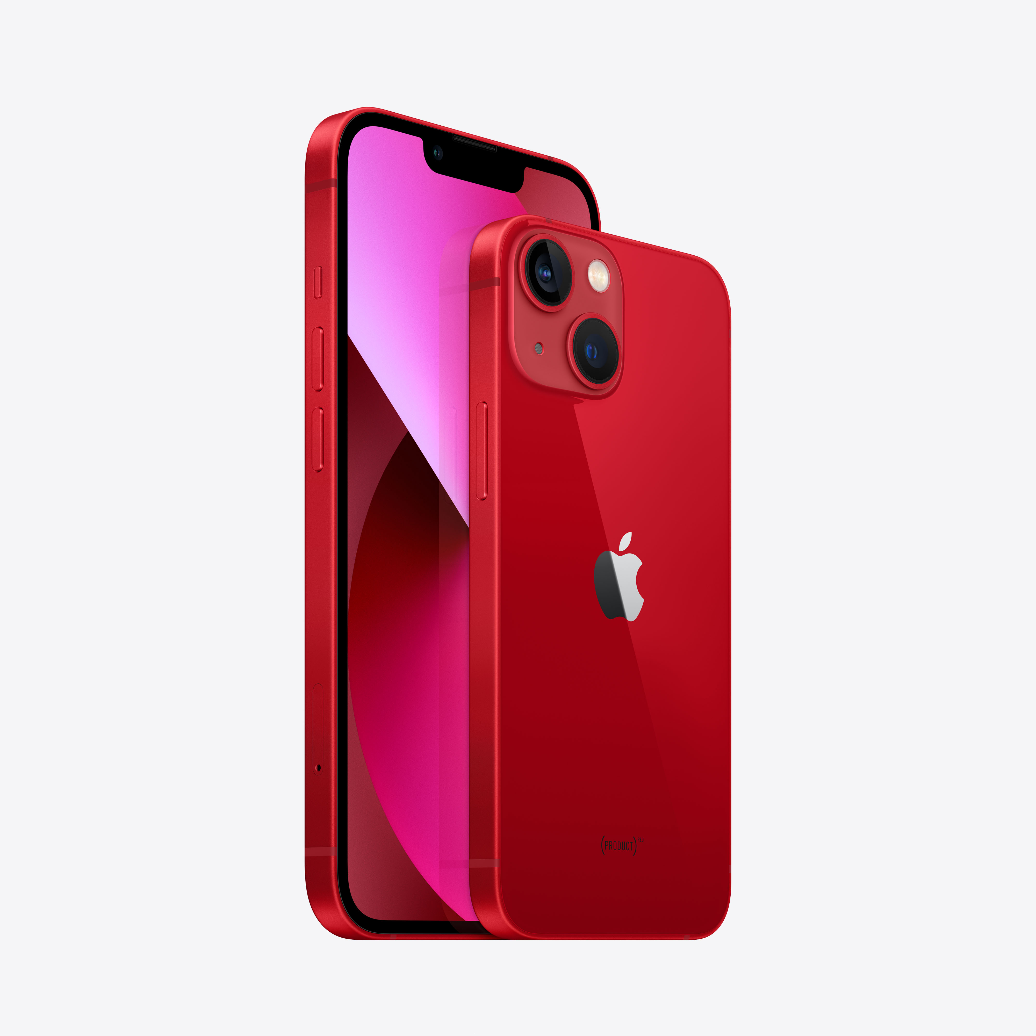 Dos iPhone 13 rojos, uno mostrando la pantalla, el otro la parte trasera.