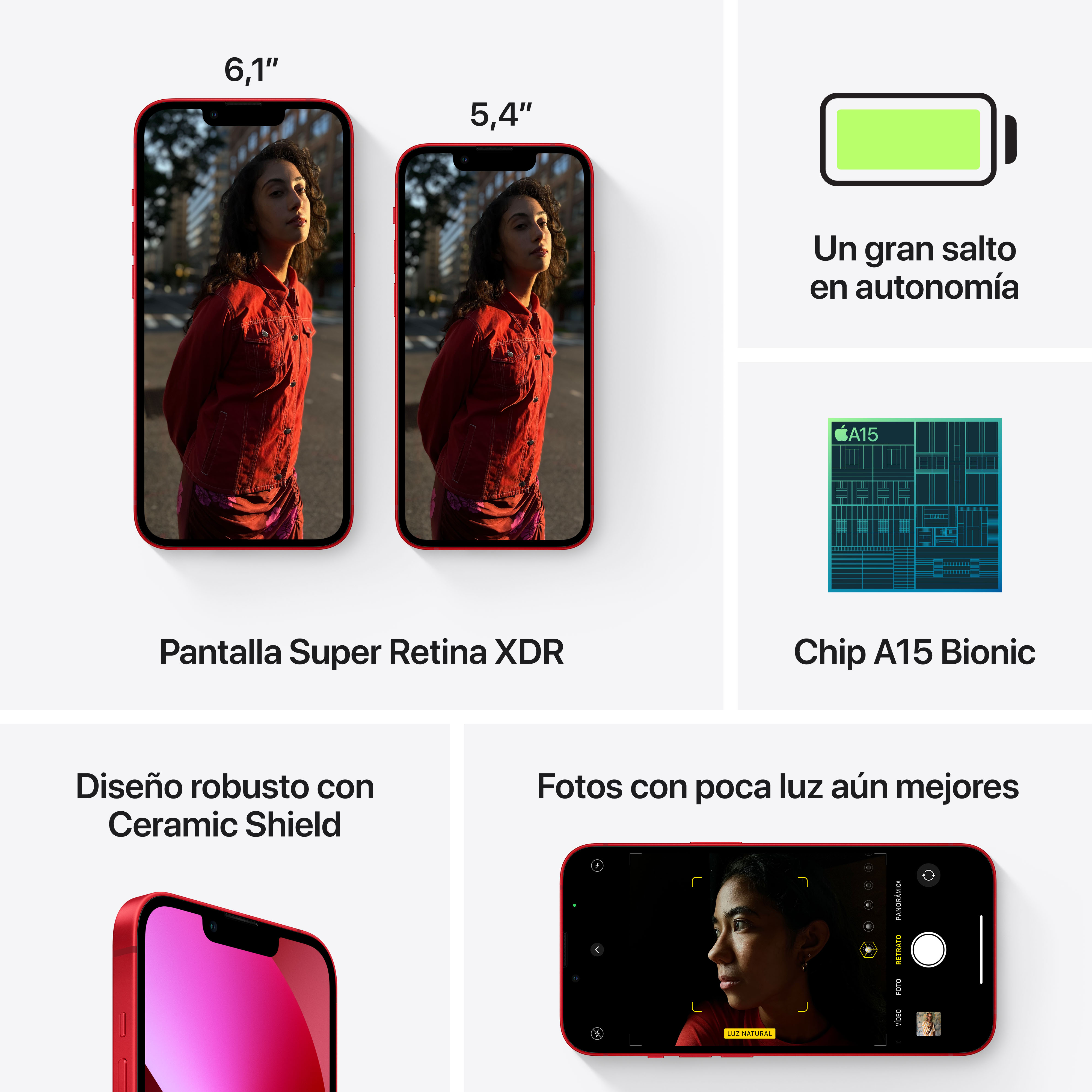 Dos iPhones rojos, especificaciones e icono de batería. Texto: Pantalla Super Retina XDR, Chip A15 Bionic.