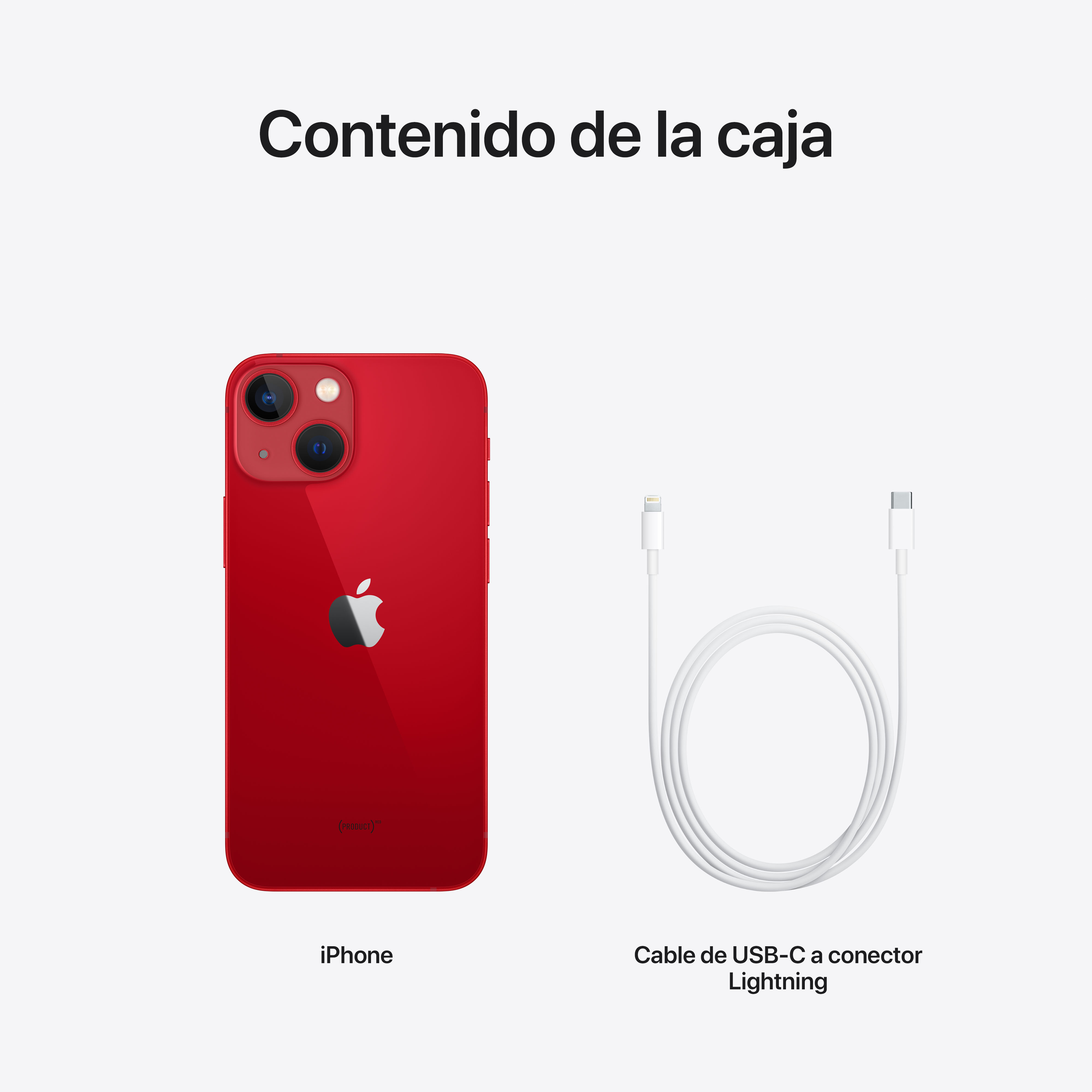 iPhone rojo y cable USB-C a Lightning blanco. Contenido de la caja mostrado.