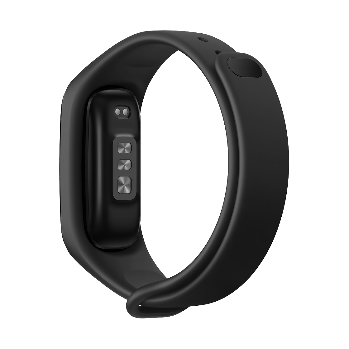Ein schwarzer Fitnesstracker mit schwarzem Armband, von der Seite betrachtet, auf weißem Hintergrund.