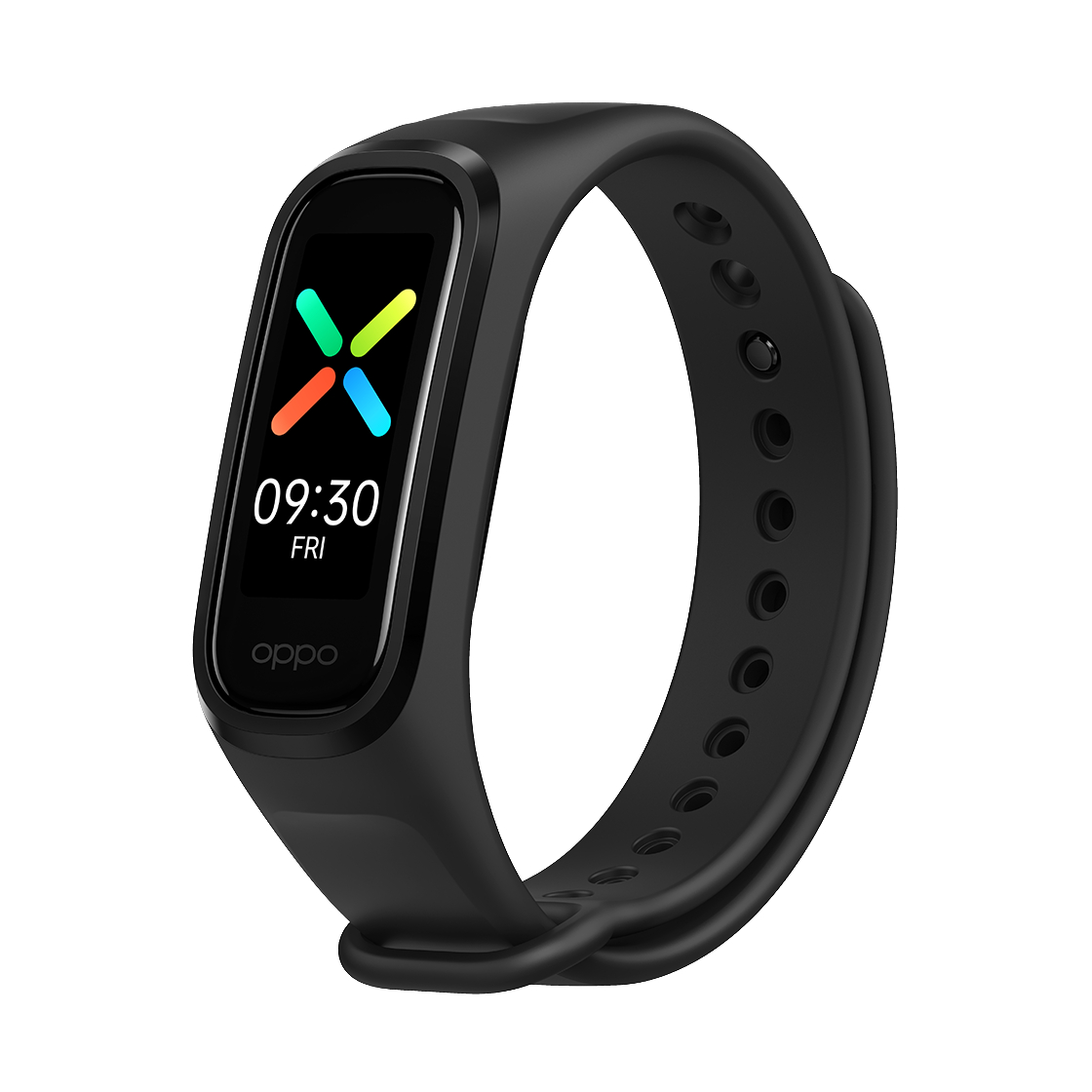 Schwarzes Fitnessband mit Anzeige von Zeit und Logo.