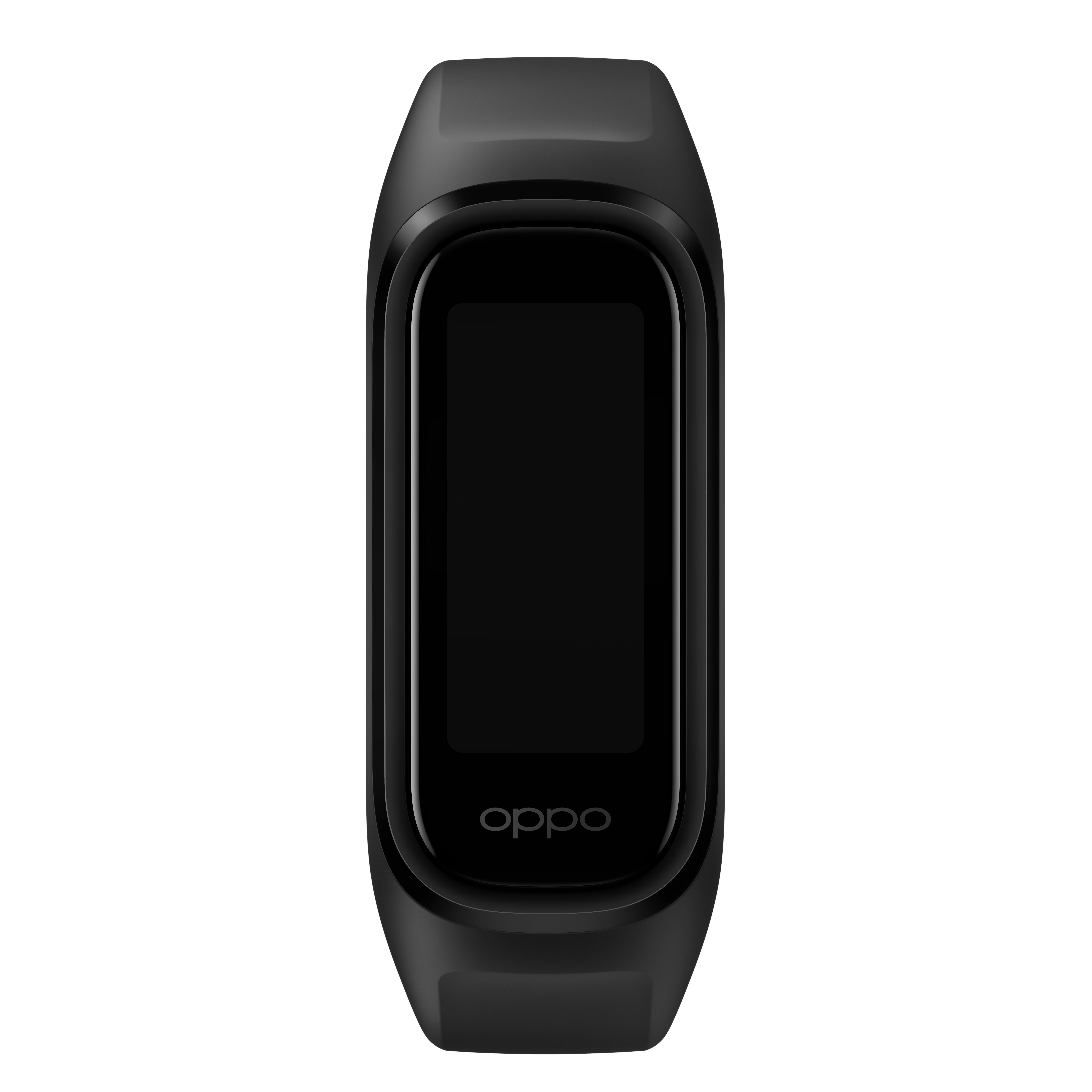 Schwarzes Fitnessarmband mit Bildschirm. OPPO-Logo sichtbar. Isoliert auf weißem Hintergrund.