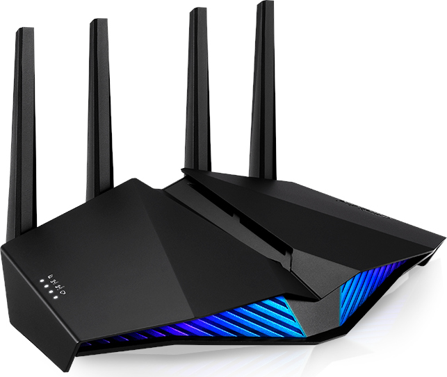 Zwarte router met vier antennes en blauwe LED-lampjes op een wit oppervlak.