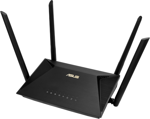 Routeur ASUS noir avec quatre antennes, vue en angle, sur fond blanc.