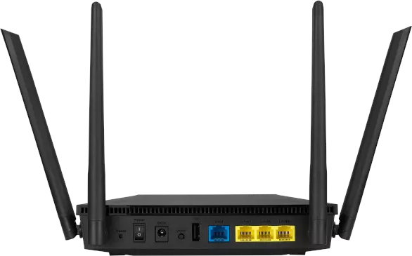Routeur noir, antennes relevées, ports visibles. Alimentation et autres ports à l'arrière.