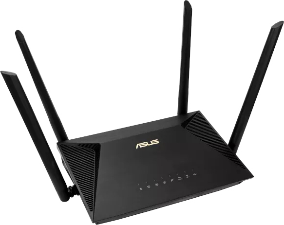 Un routeur ASUS noir avec quatre antennes. Le routeur est positionné sur un fond blanc.