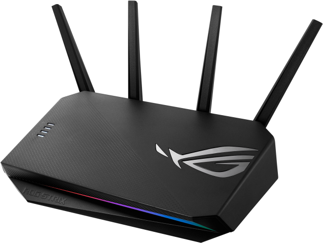 Zwarte ROG Strix Wi-Fi-router met vier antennes. Heeft het ROG-logo en lichten aan de voorkant.