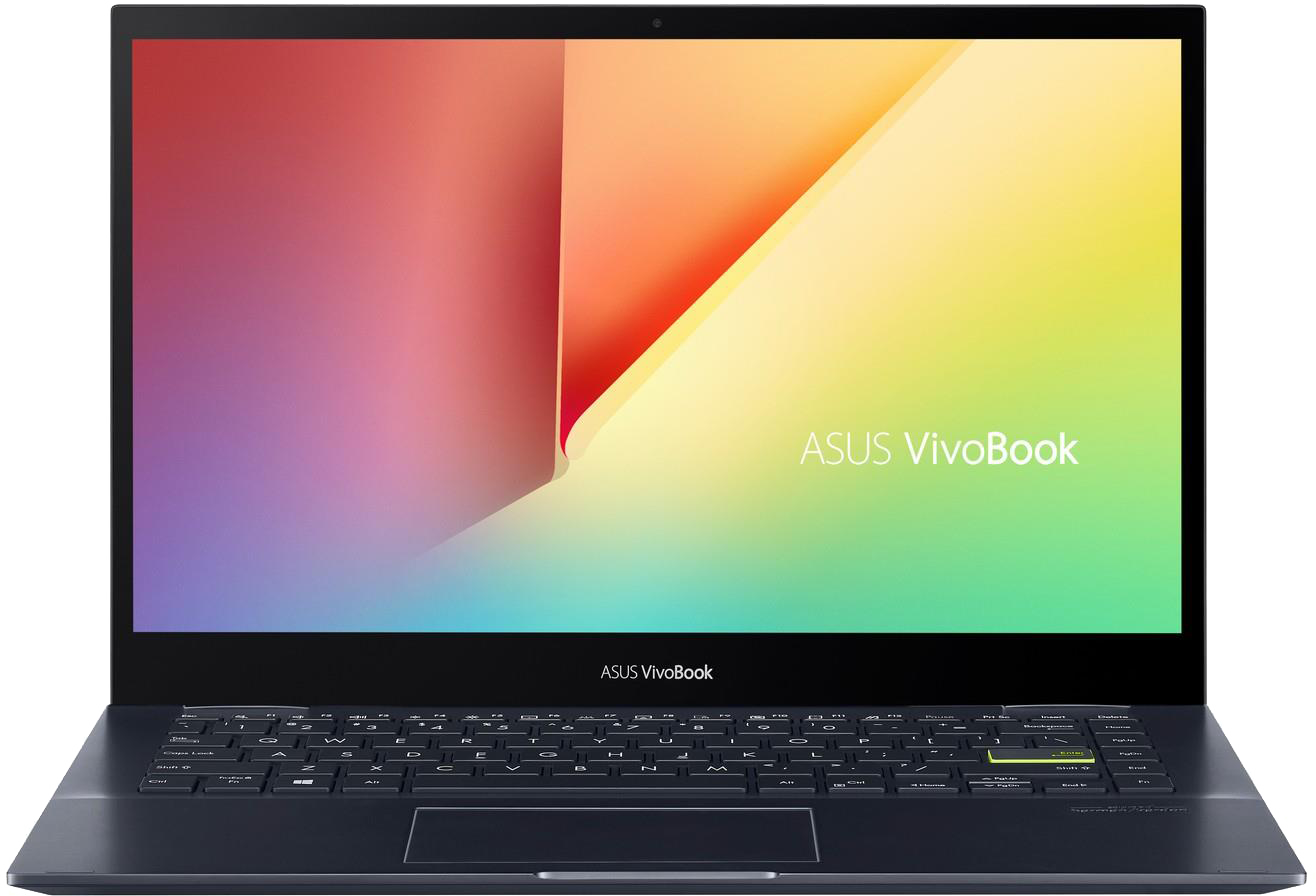 Een laptop met een kleurrijk scherm dat een regenboogverloop toont. Het toetsenbord is donkerblauw en lichtgroen.
