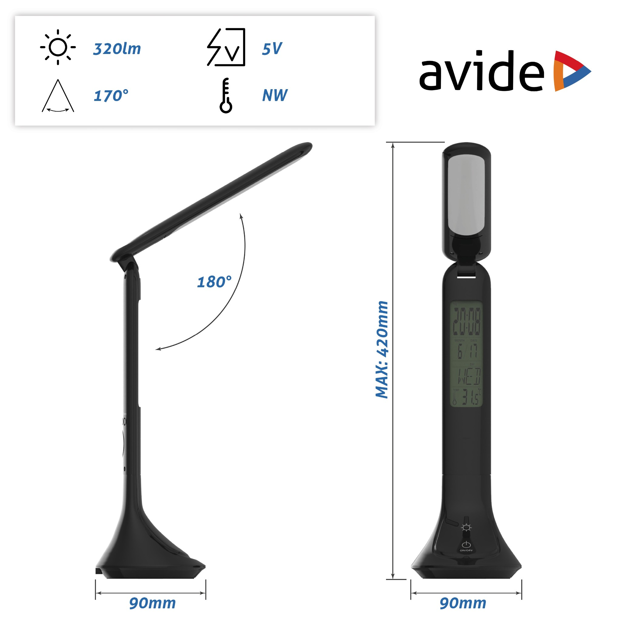 Fekete LED-es asztali lámpa digitális órával. Fehér háttér és infografika.