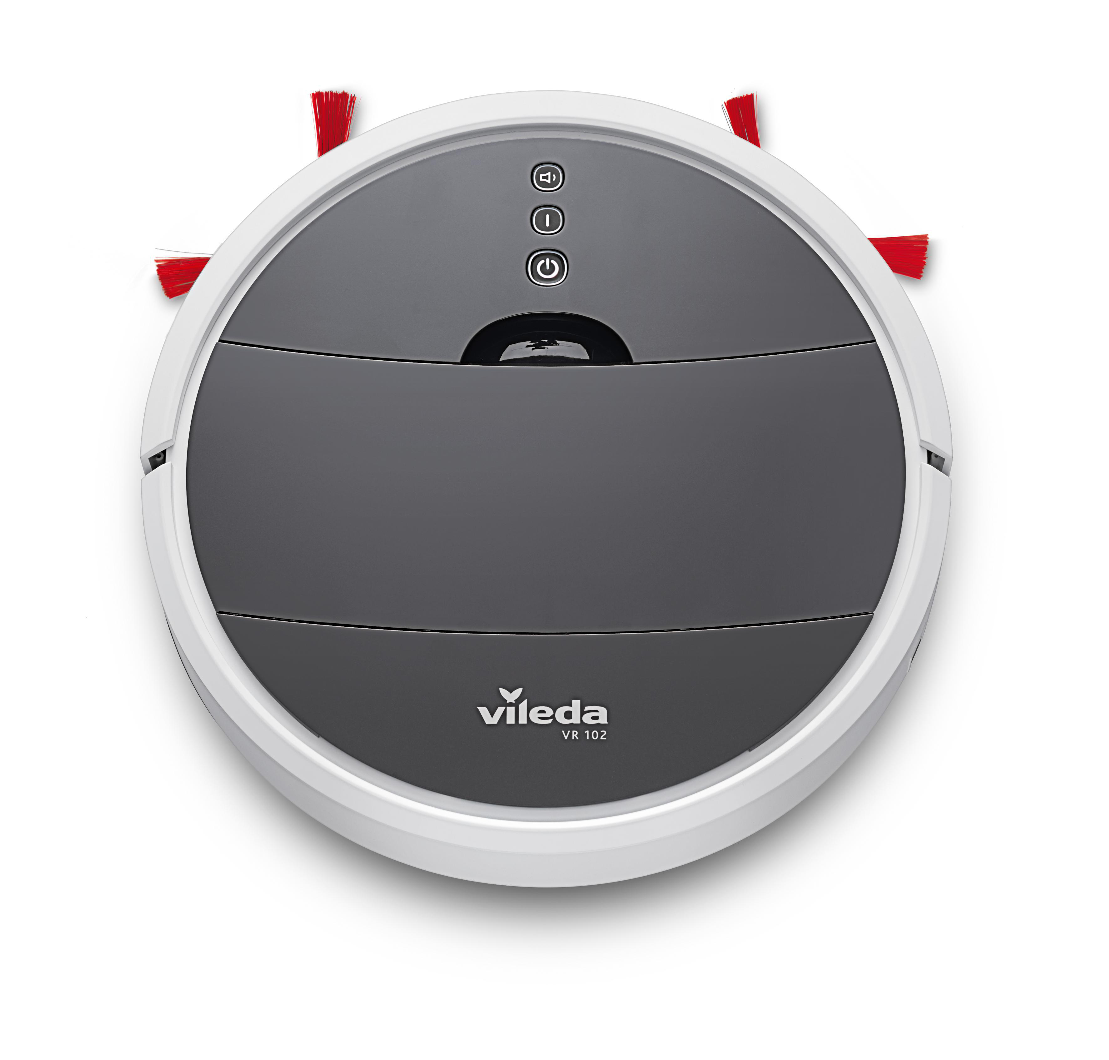 Weiß-grauer Roboter-Staubsauger auf weißem Hintergrund.