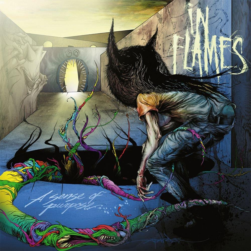 Albumcover: In Flames, 'A Sense of Purpose'. Dunkles, surreales Artwork mit Figur.