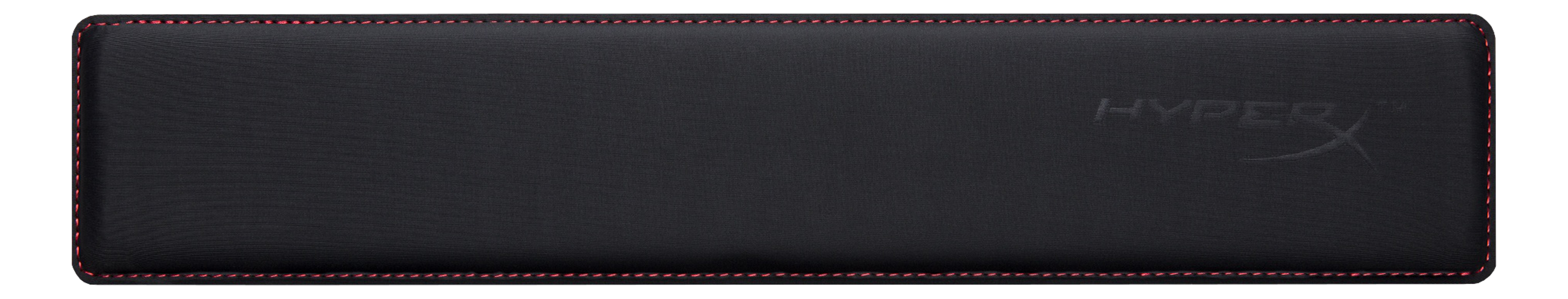 Schwarze HyperX-Handgelenkauflage mit roten Nähten auf schwarzem Hintergrund.