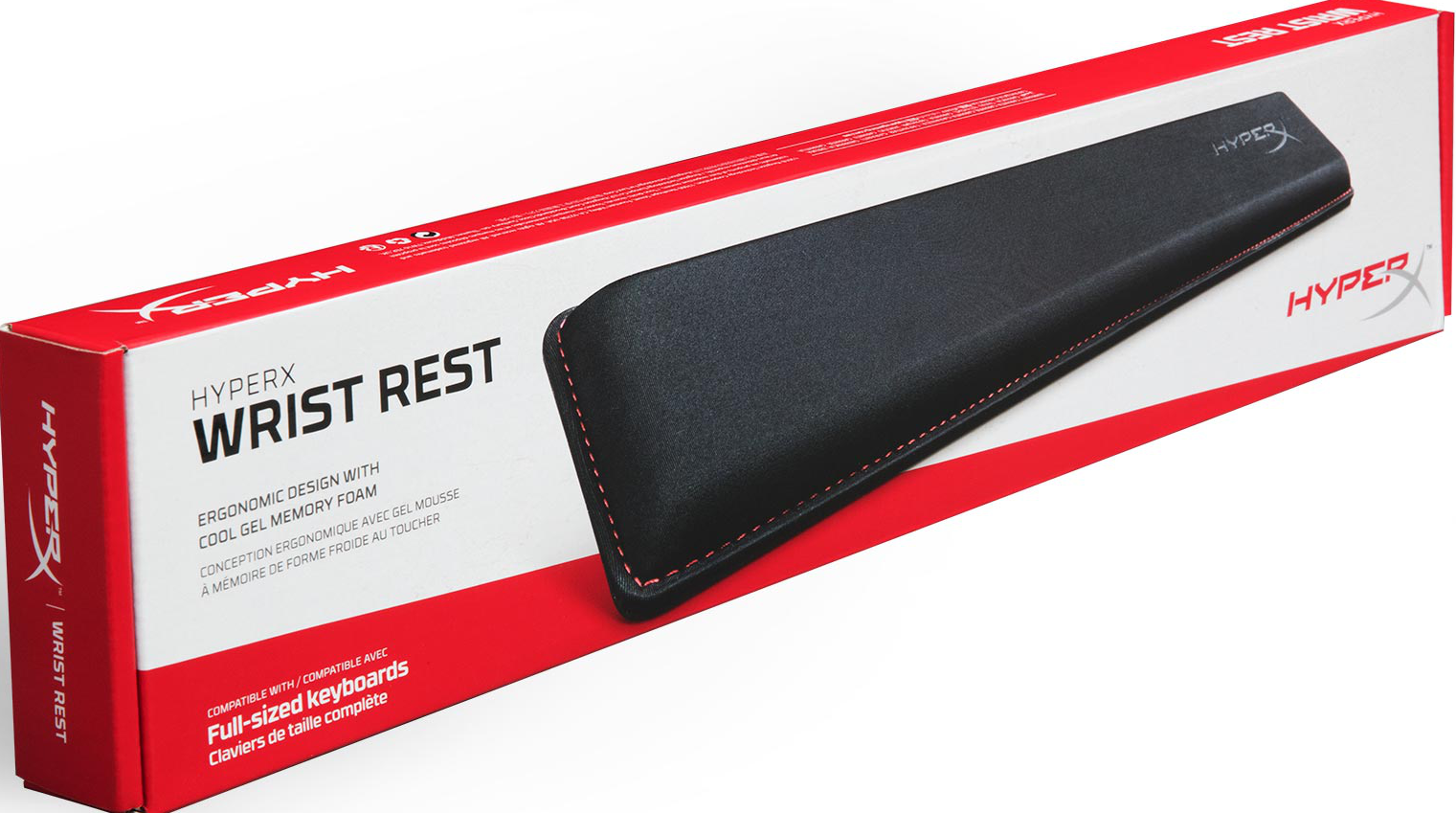 Schwarze HyperX-Handgelenkstütze auf einer rot-weißen Schachtel. Es trägt den Markennamen und den Produktnamen.