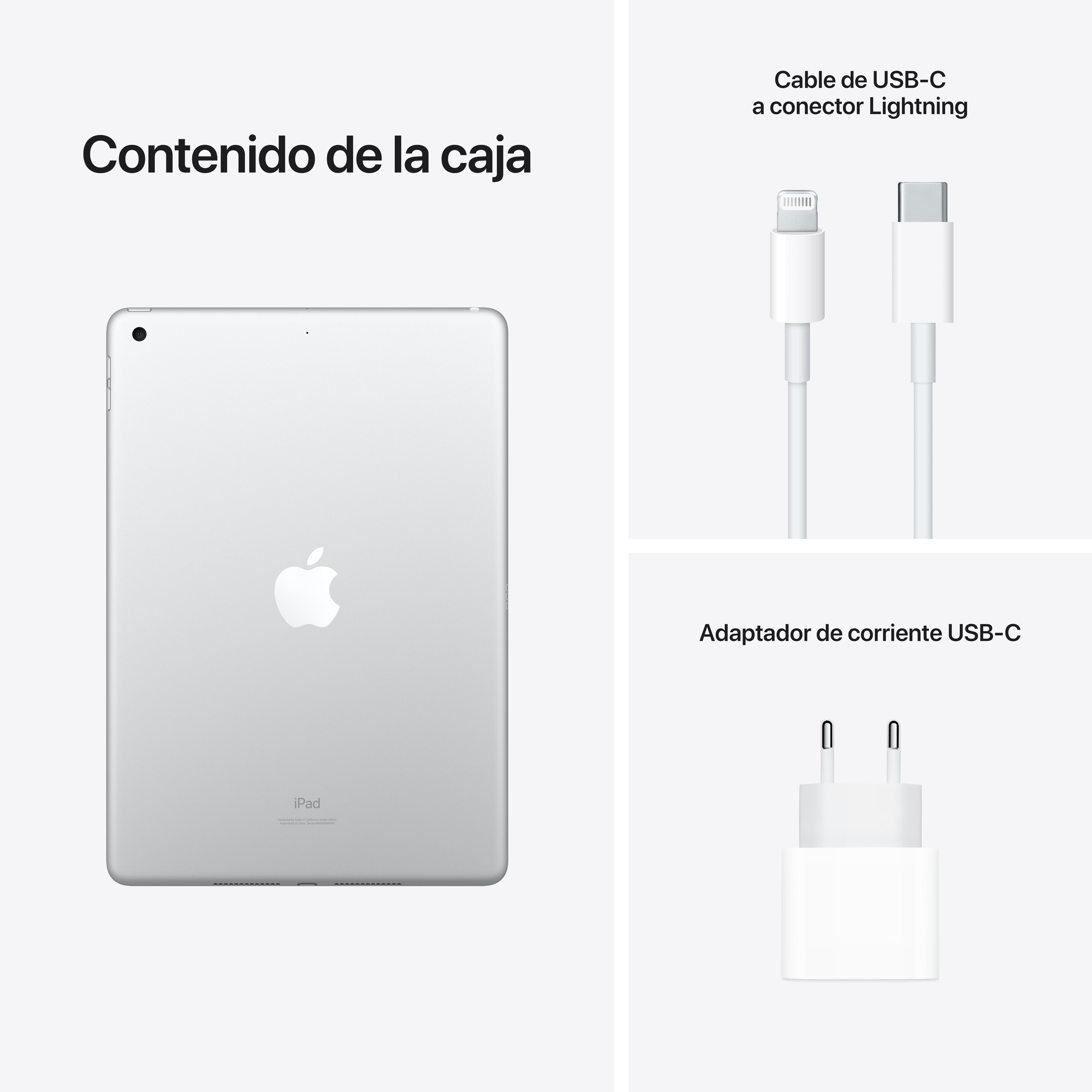 iPad, cable de carga y cargador mostrados. Texto: 'Contenido de la caja'.