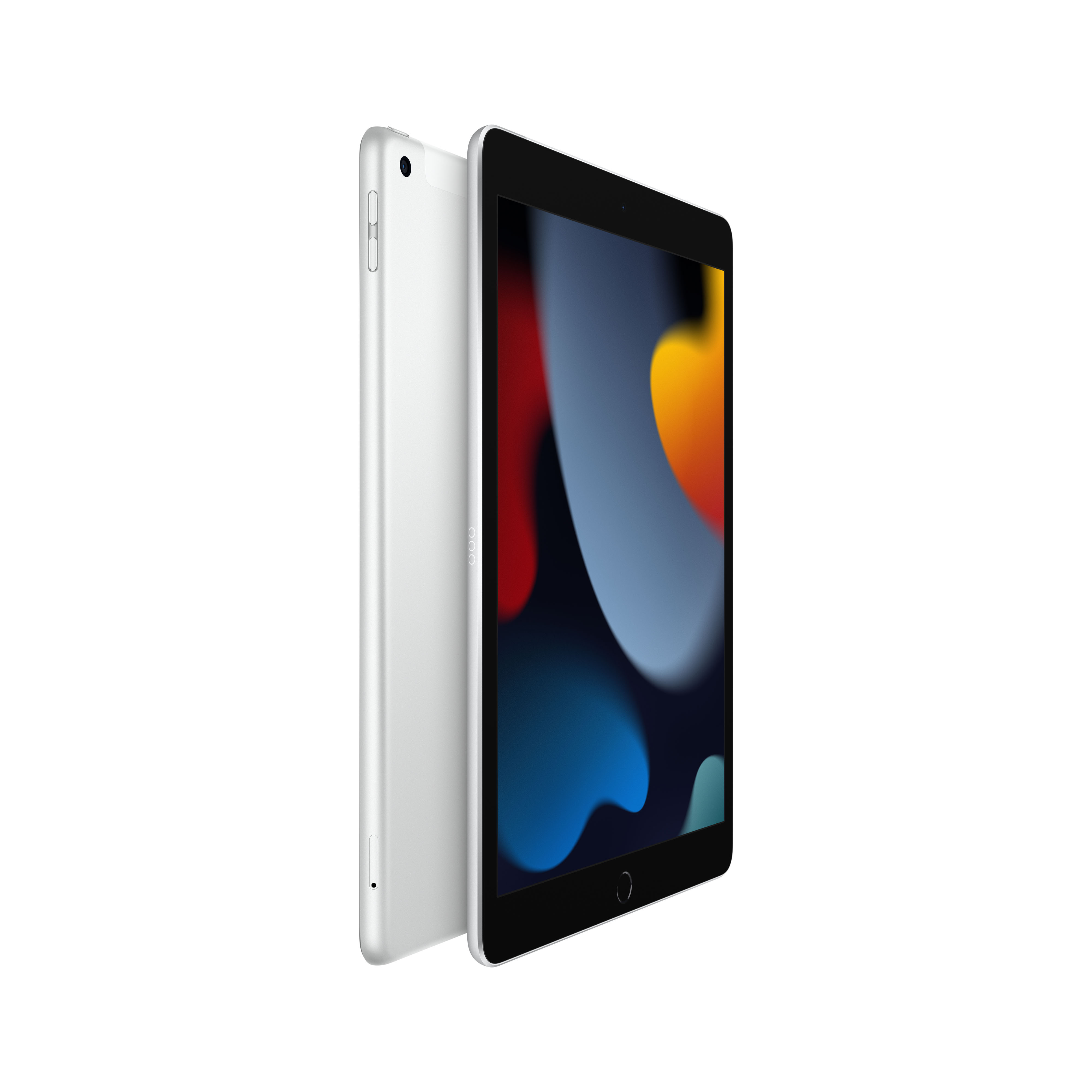 iPad plateado con pantalla negra, en ángulo para mostrar la parte delantera y trasera. Fondo blanco.