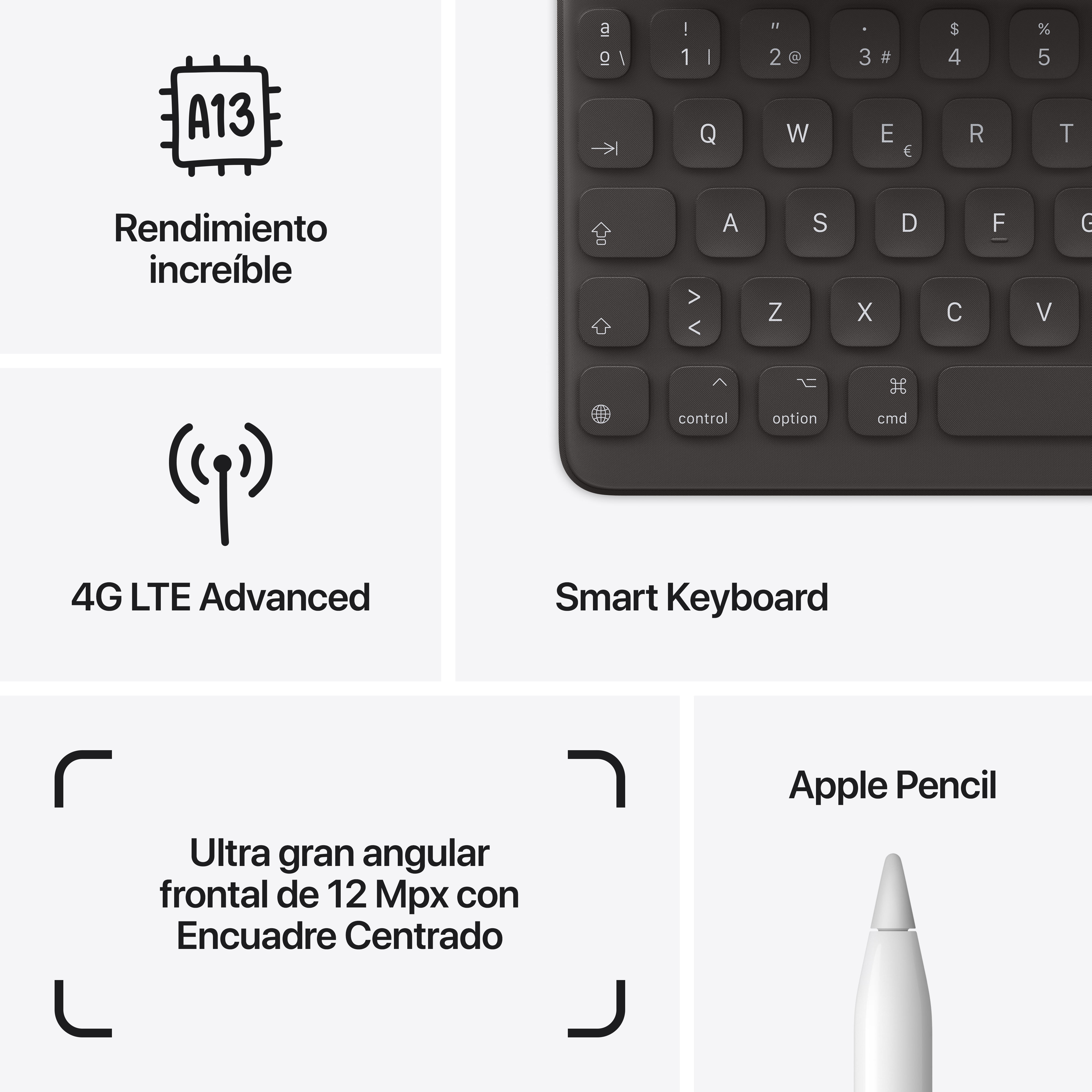 Características de un teclado, incluyendo chip A13, 4G LTE y Apple Pencil.