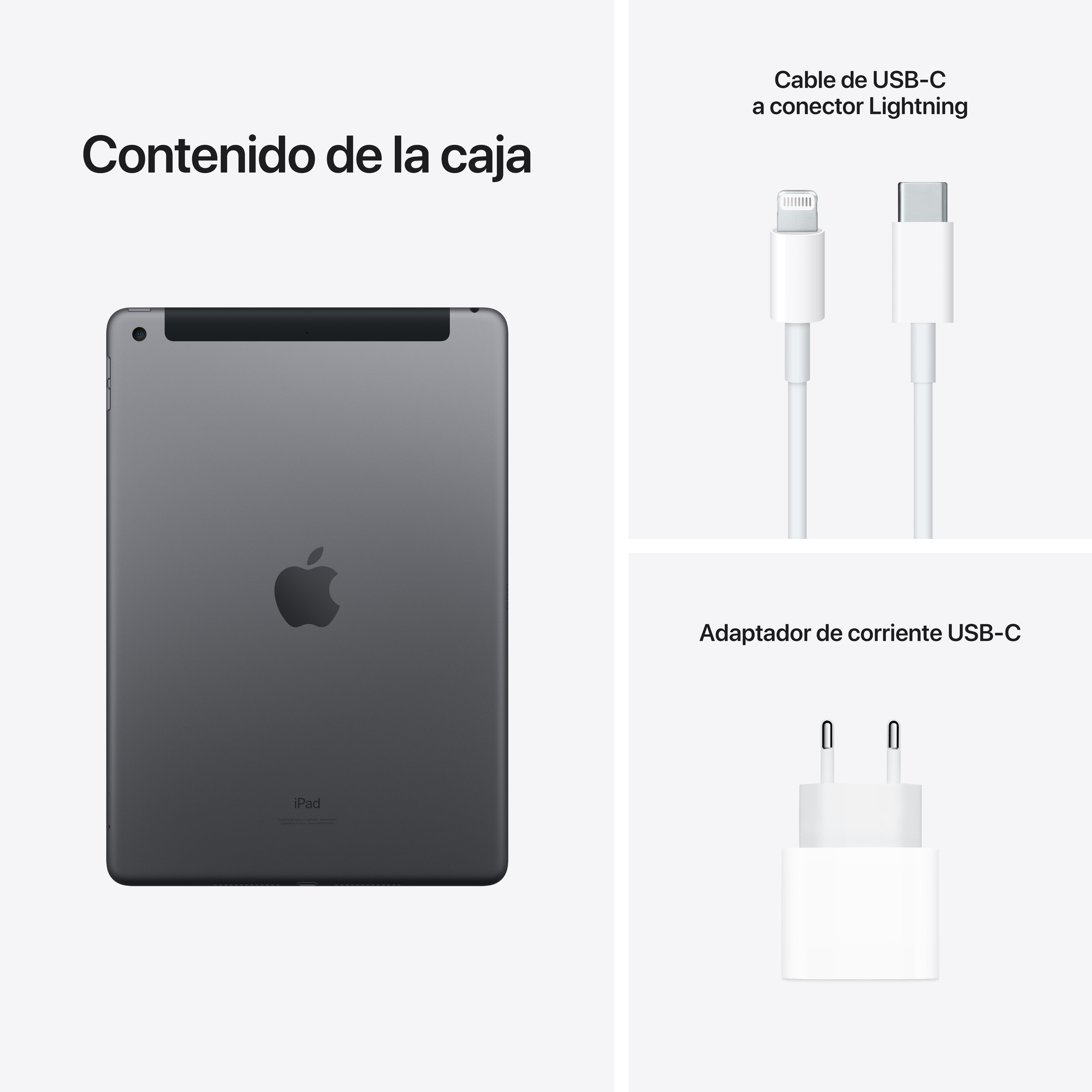 Tableta, cable de carga y cargador. Fondo blanco. Texto en español.