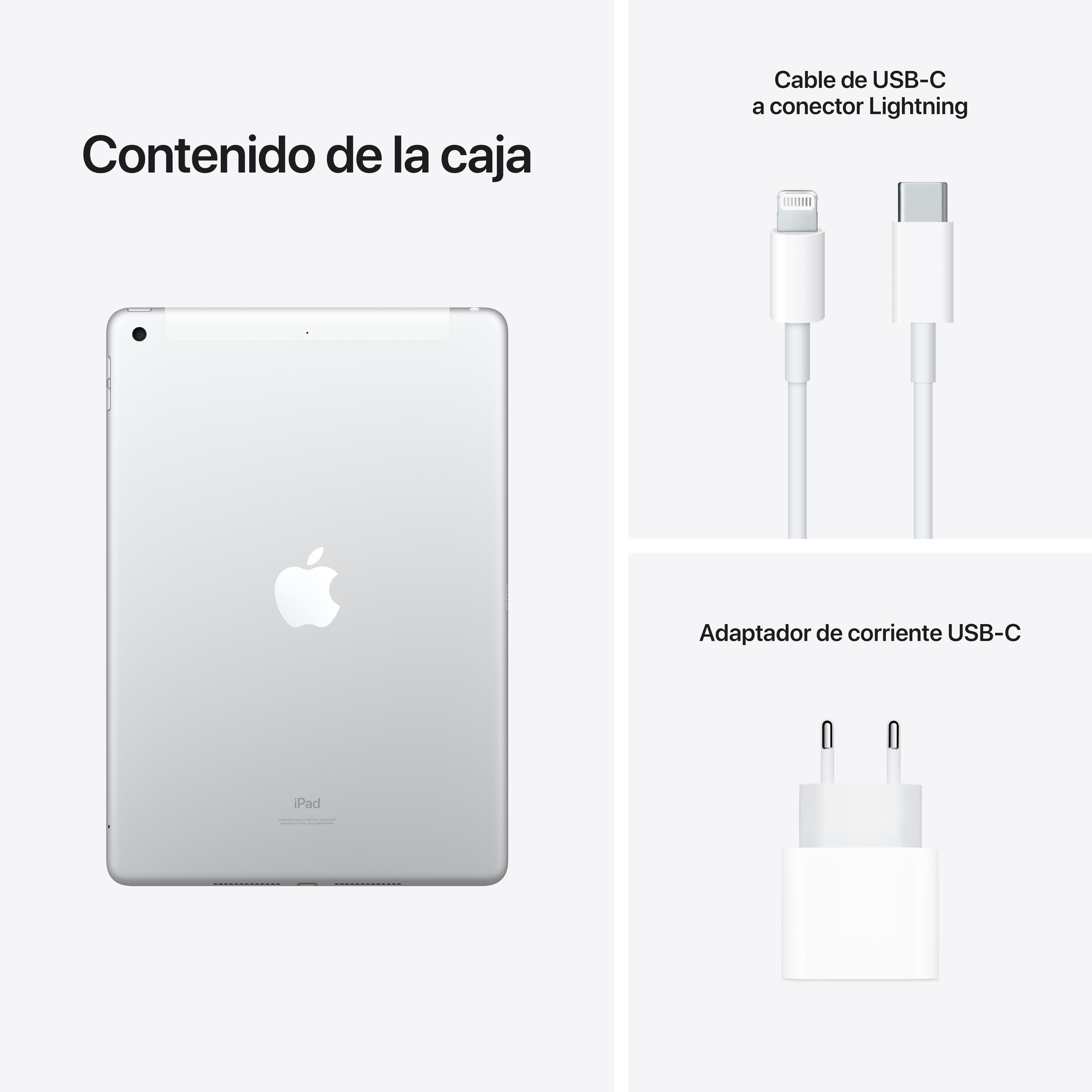 iPad blanco con accesorios: cable USB-C a Lightning y adaptador de corriente USB-C.