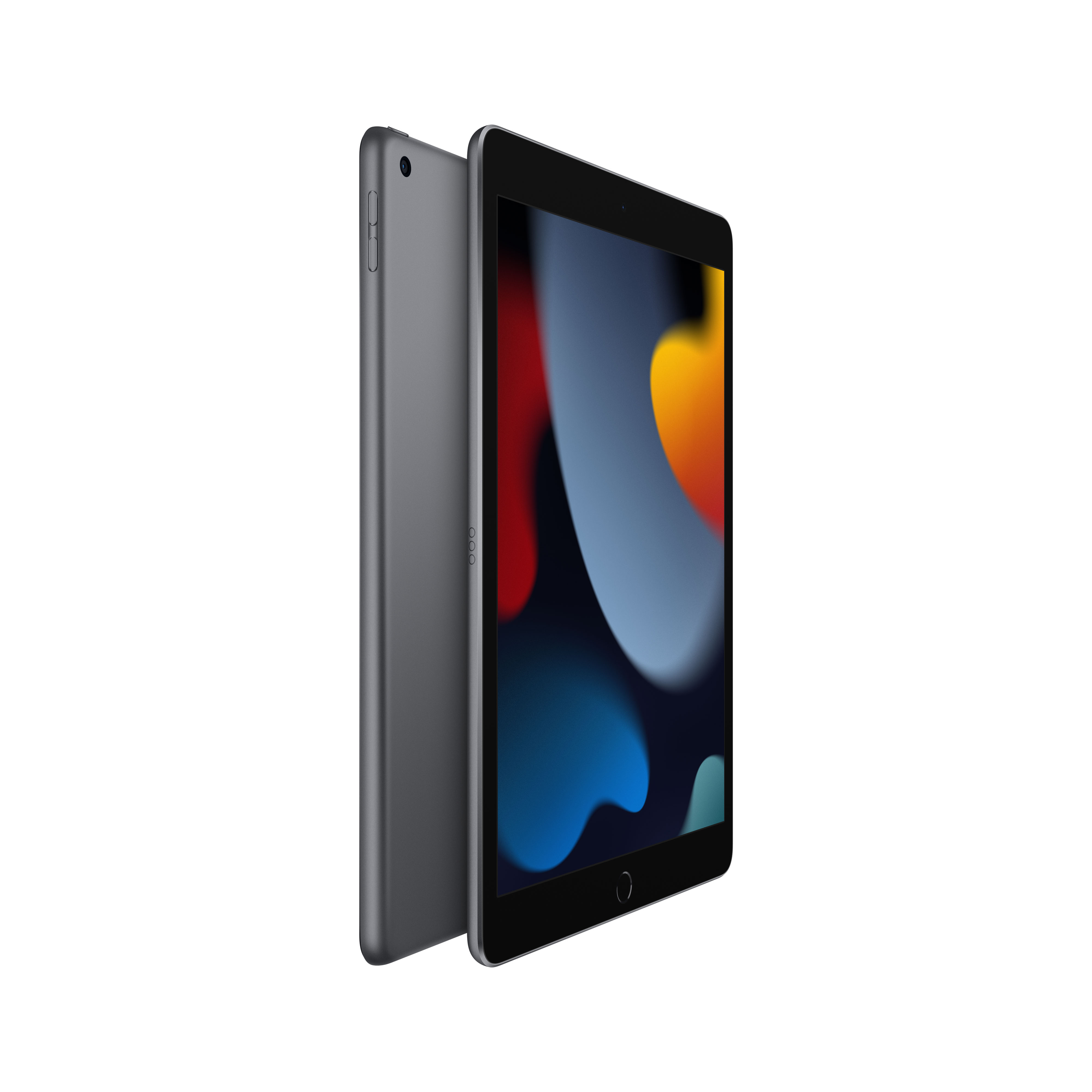 Un iPad negro y gris. La pantalla está encendida y muestra un diseño abstracto colorido.