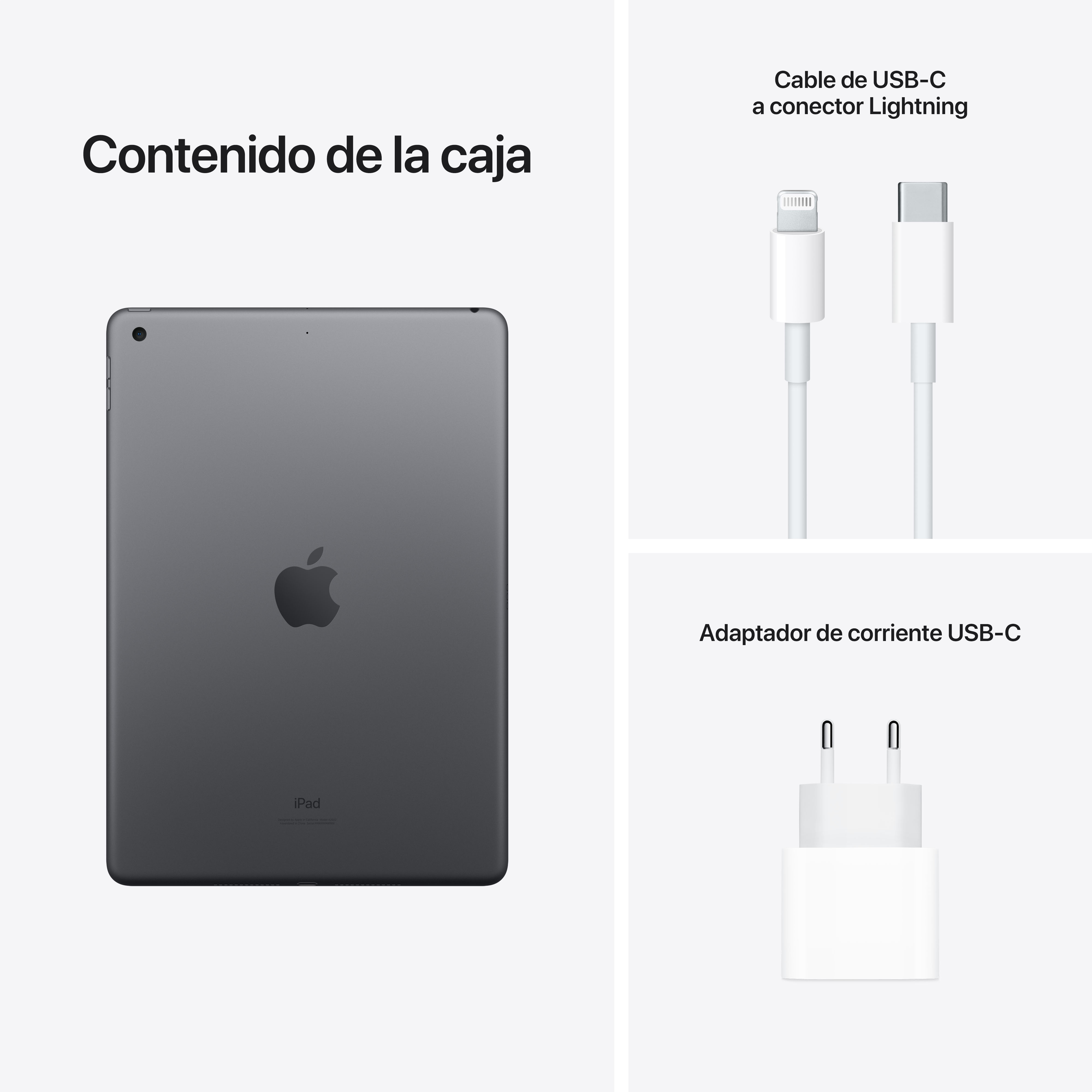 iPad gris, cable USB-C y adaptador de corriente USB-C sobre fondo blanco.