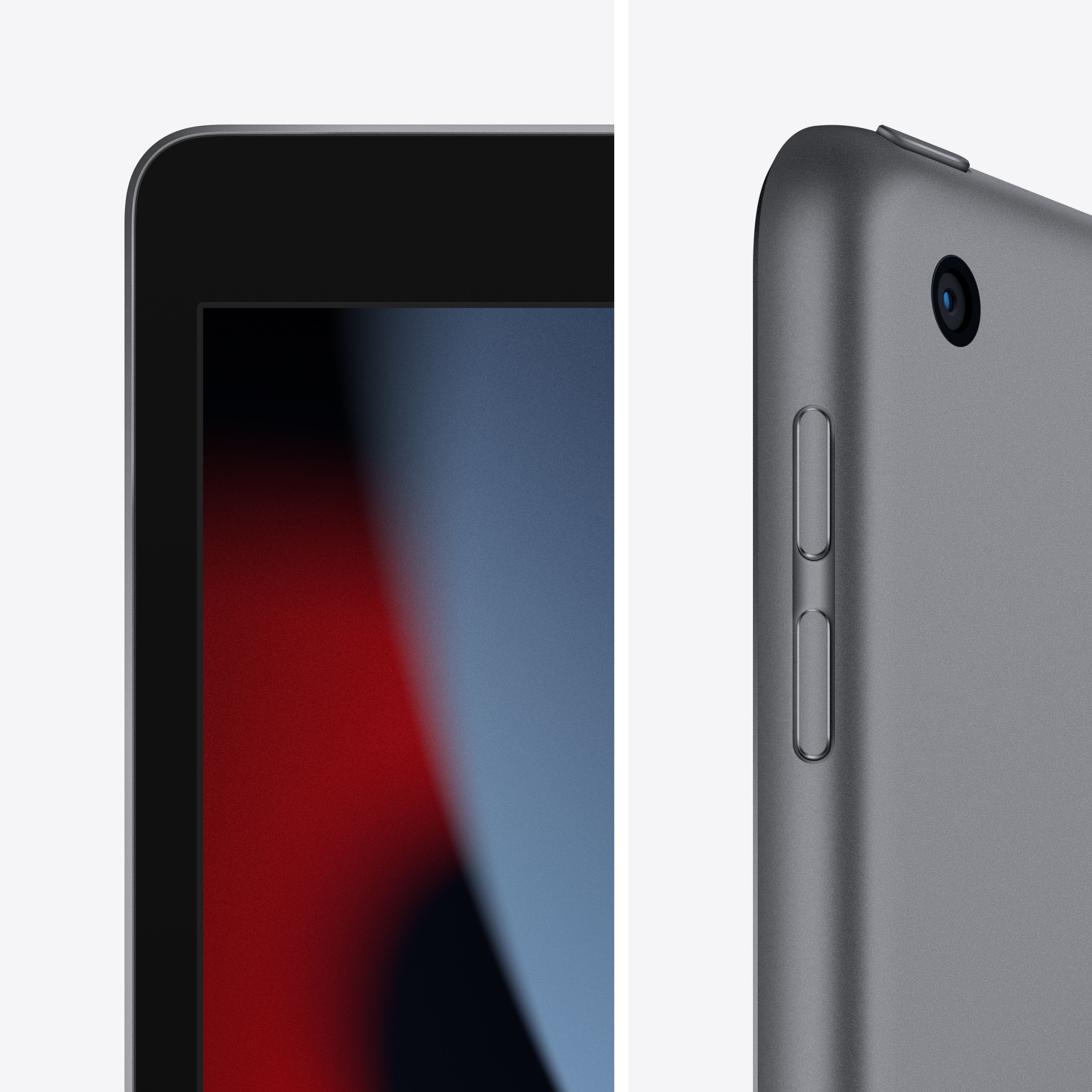 Primer plano de un iPad que muestra la pantalla y el lateral con botones. Colores rojo y azul visibles.