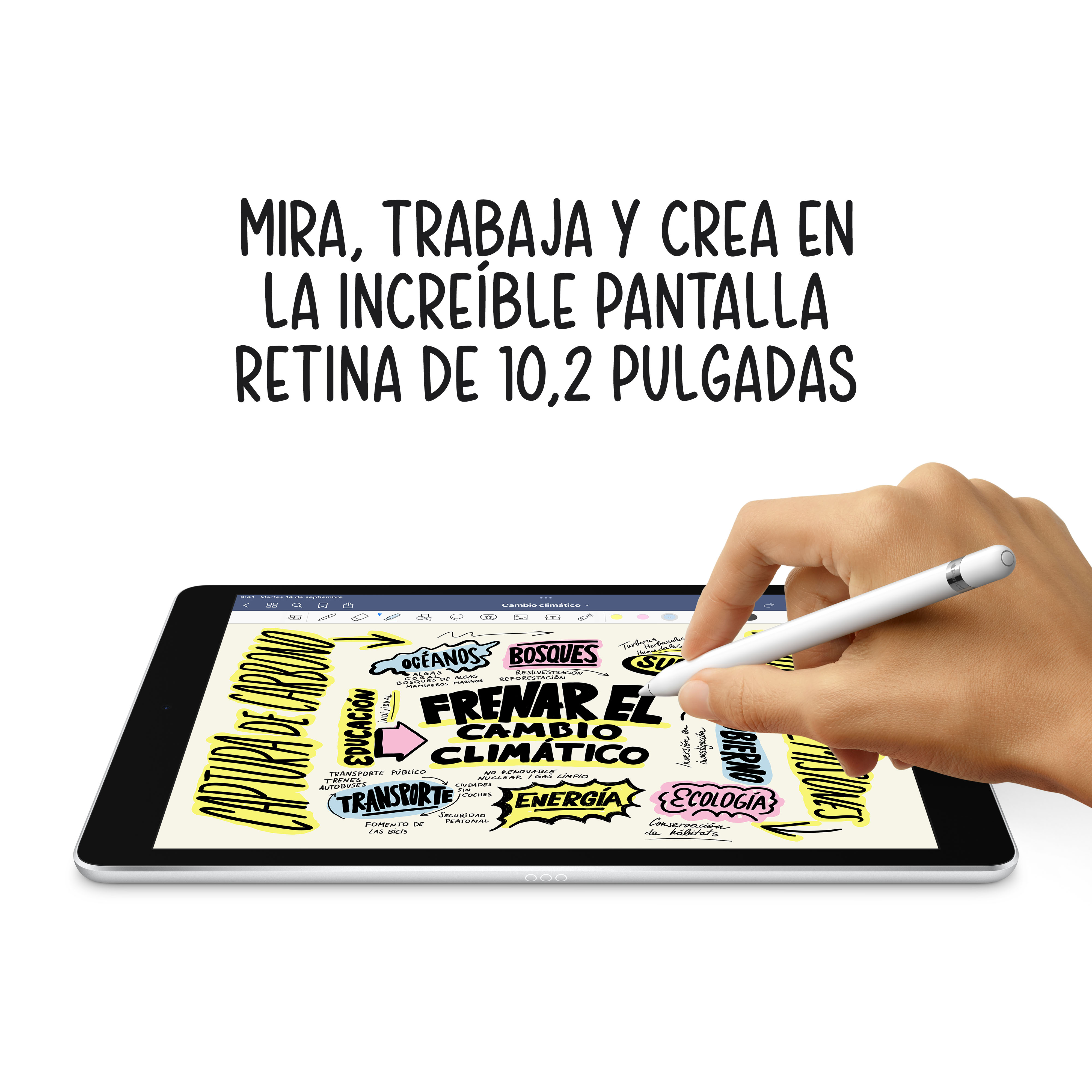 Una mano dibujando en una tableta con un lápiz. La pantalla de la tableta tiene un mapa mental.