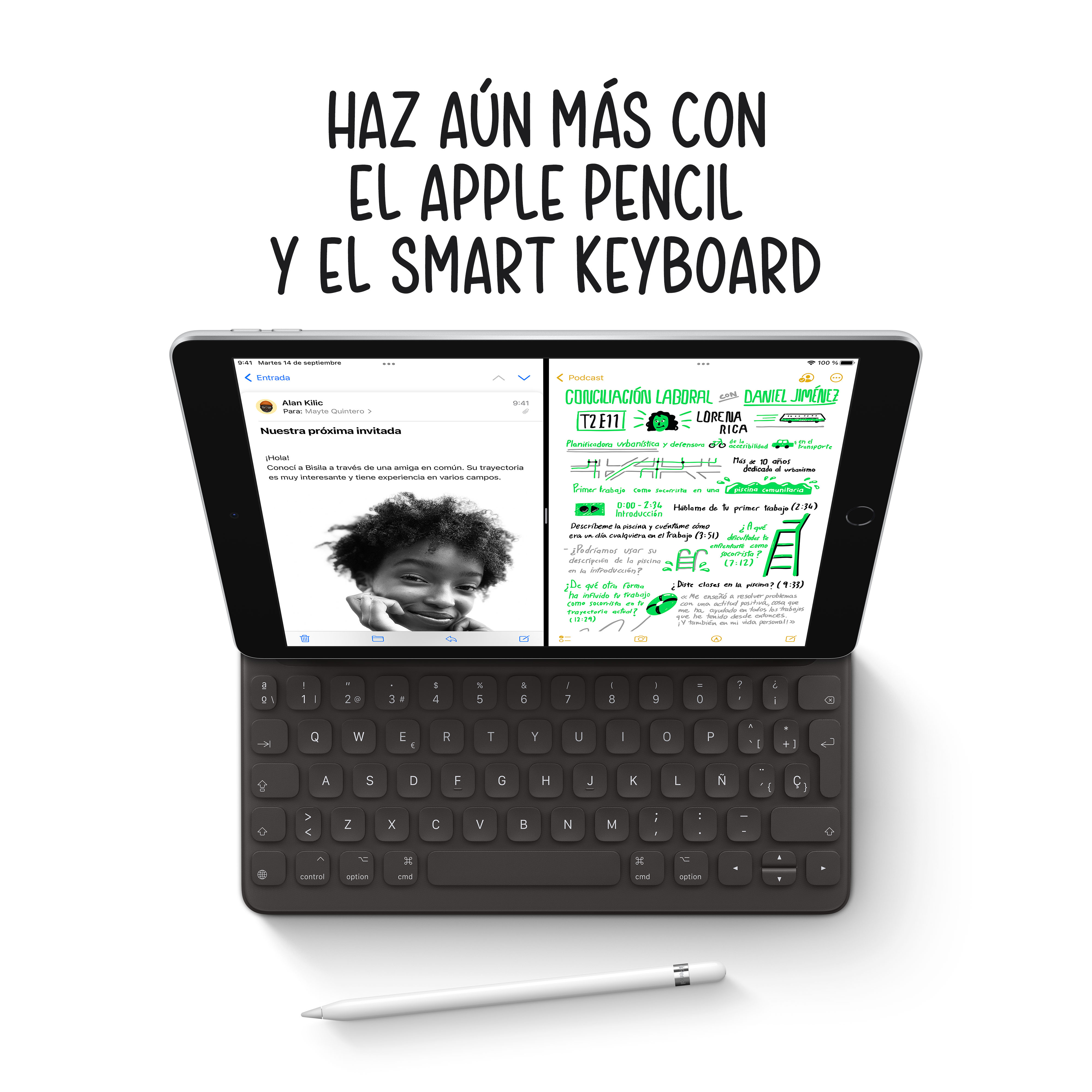 Tableta con teclado y lápiz sobre fondo blanco. Muestra notas y correos electrónicos.