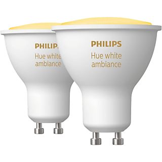 Bombilla inteligente - Philips Hue GU10, Luz Blanca de Cálida a Fría, 3W, Control de voz, 2 unidades, Blanco