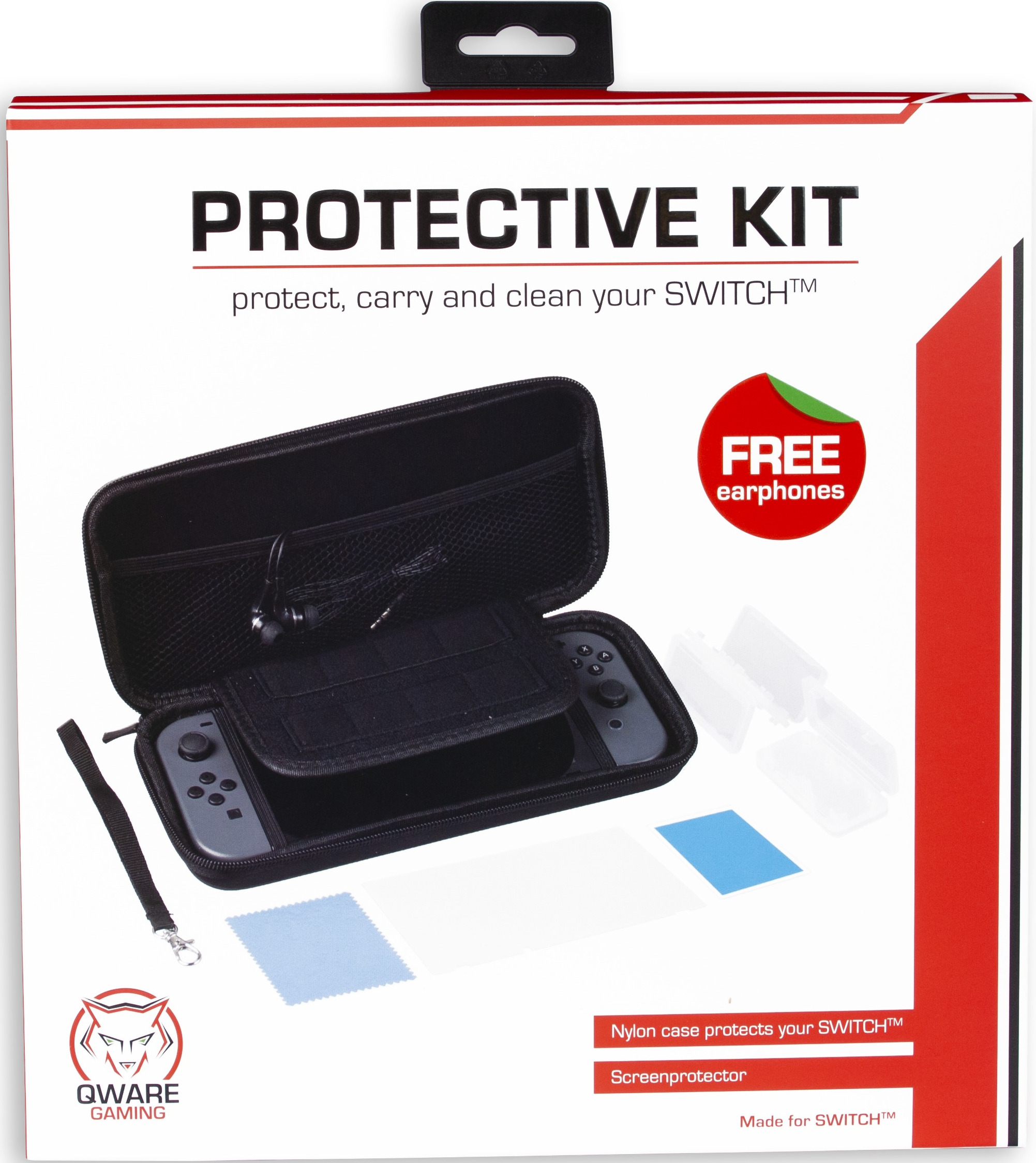 A protective kit for a SWITCH, with a case, accessories, and a red 'FREE' earphone label.