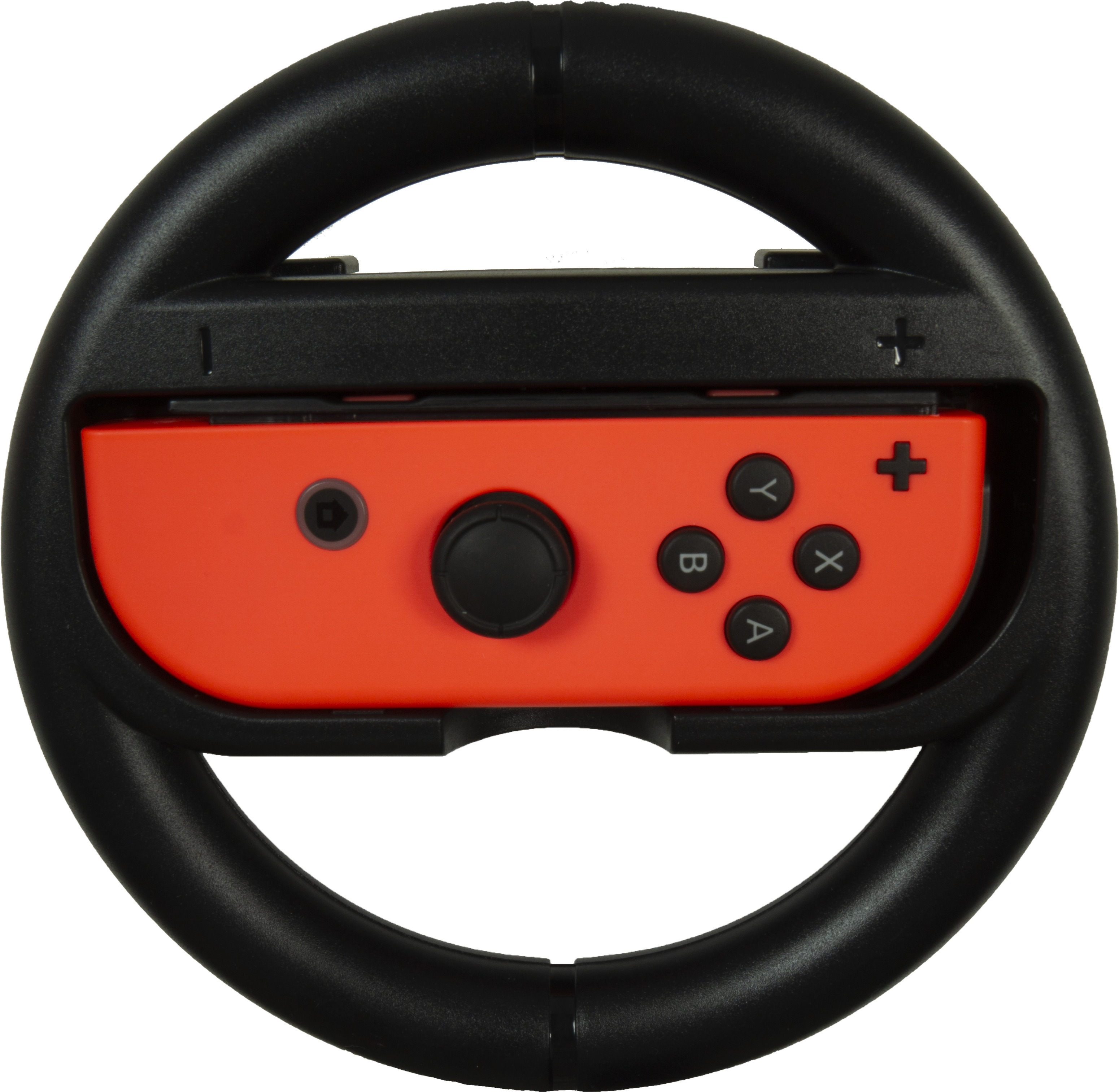 Volant noir pour console de jeu avec une manette orange.