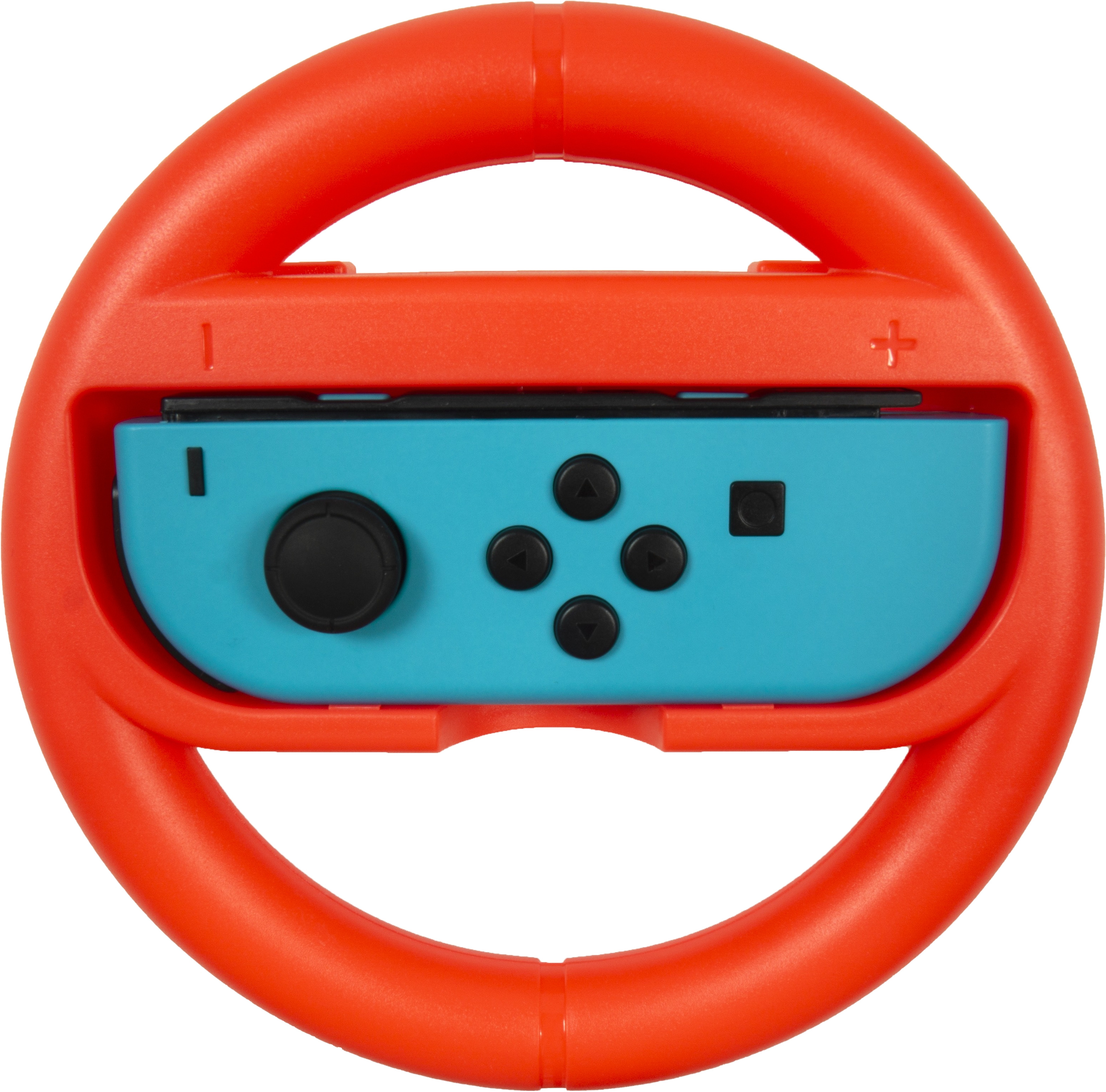 Volant orange avec manette bleue. La manette a des boutons et un joystick. Fond blanc.