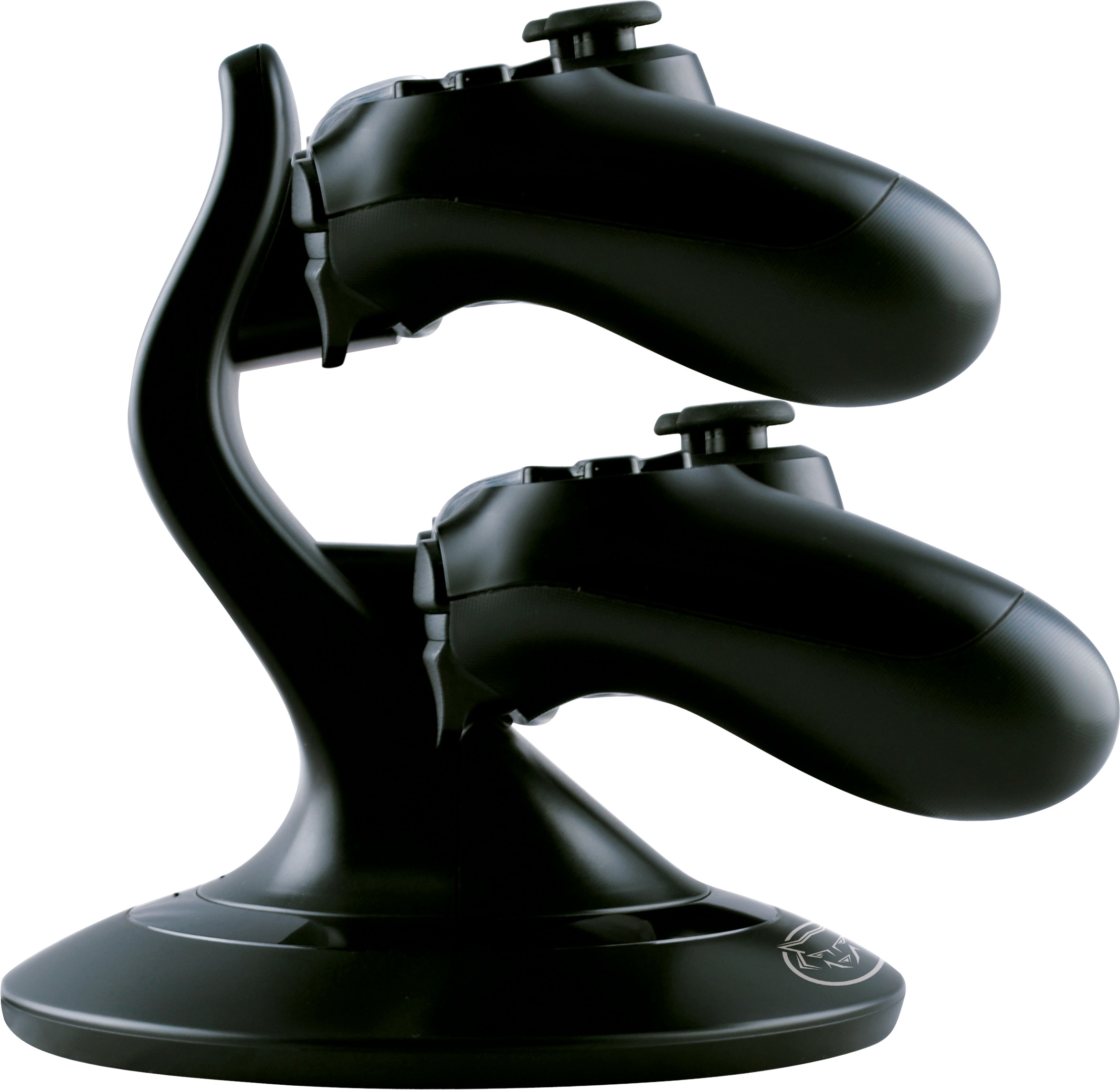 Zwart oplaadstation voor gamecontrollers met twee controllers.